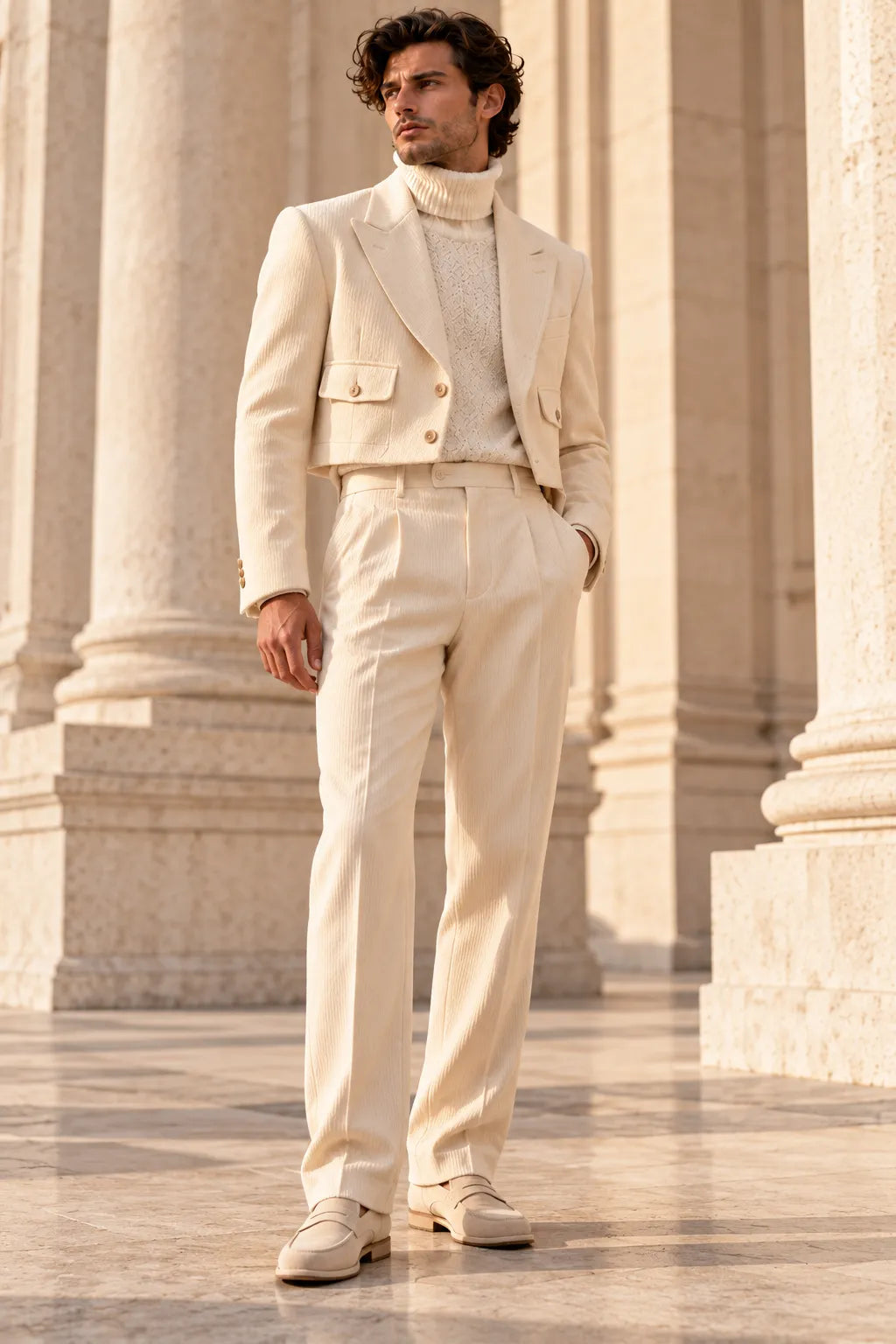 Men's Corduroy Cropped Blazer Wide Leg 2 Piece Suit