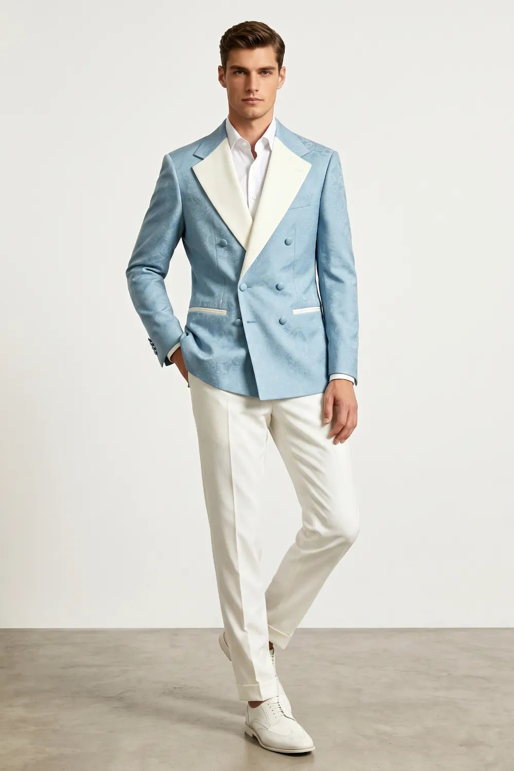 Men's Light Blue Double Breasted Jacquard 2-Piece Suit