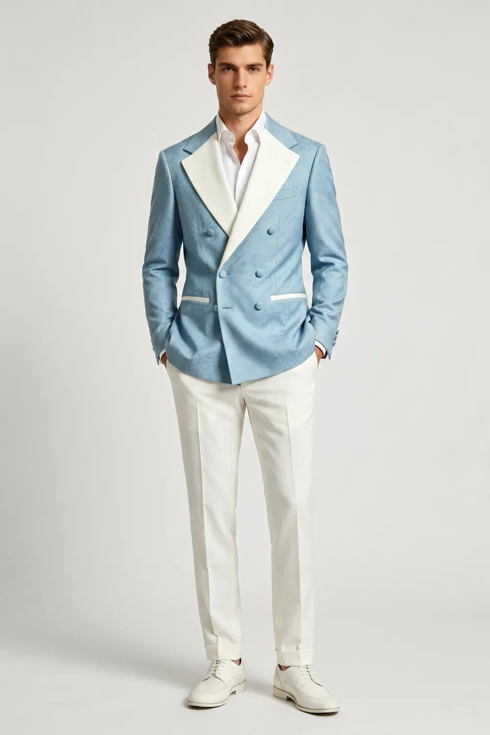 Men's Light Blue Double Breasted Jacquard 2-Piece Suit