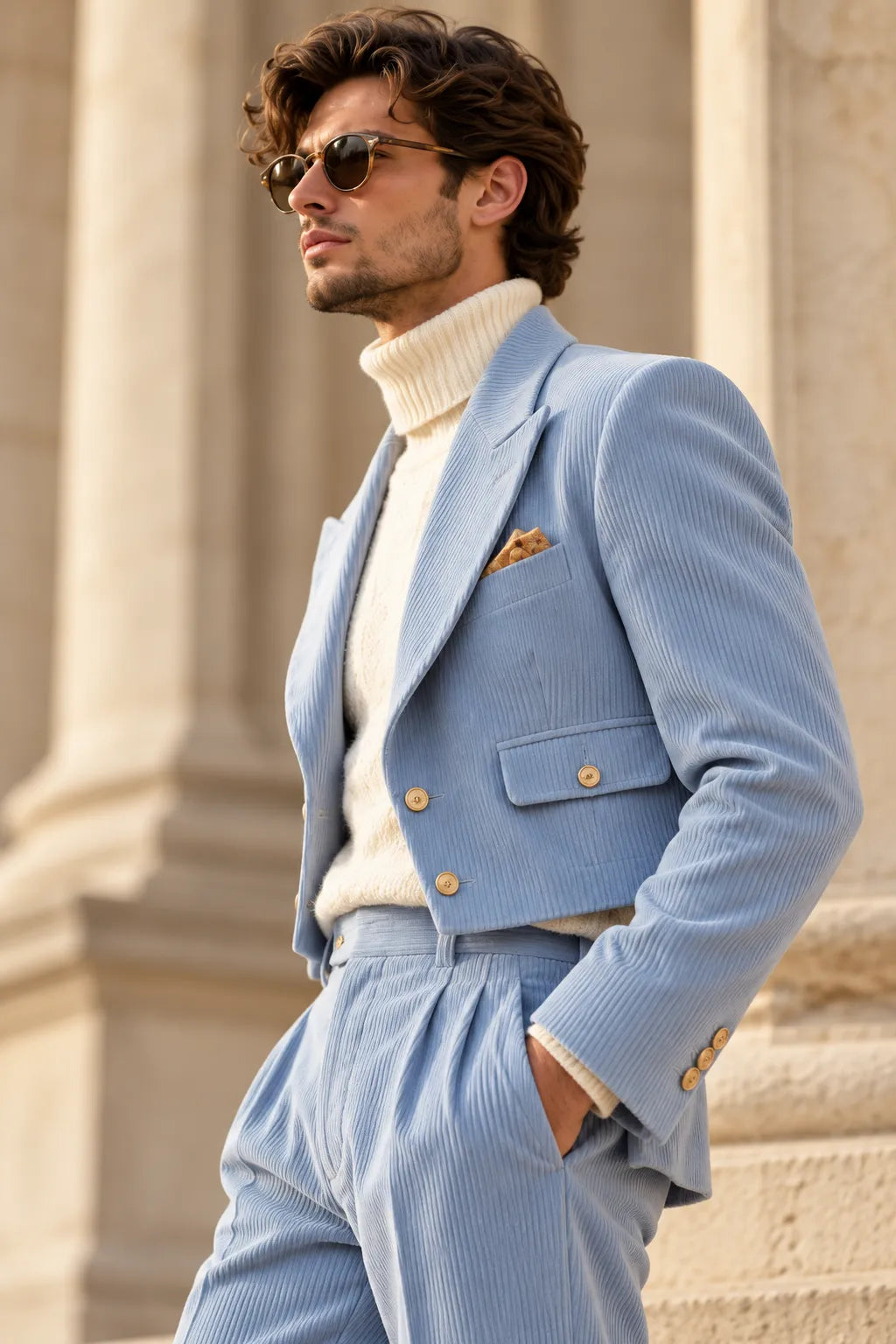 Men's Corduroy Cropped Blazer Wide Leg 2 Piece Suit
