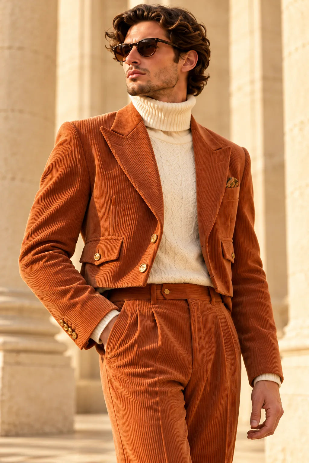Men's Corduroy Cropped Blazer Wide Leg 2 Piece Suit