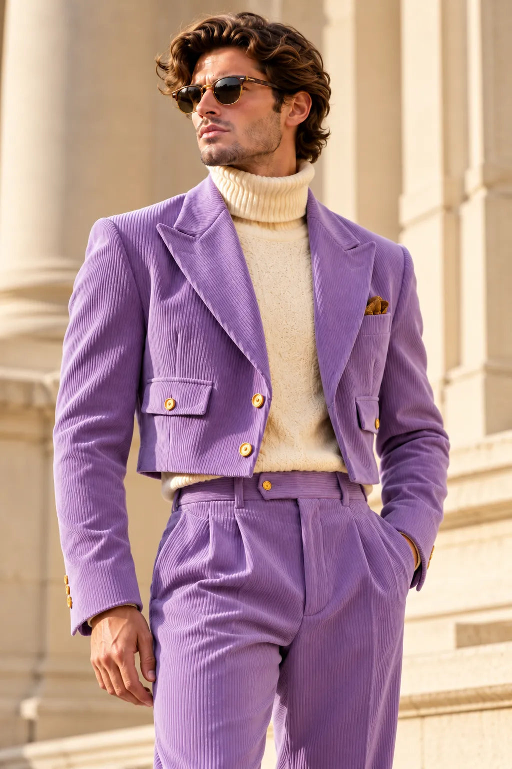 Men's Corduroy Cropped Blazer Wide Leg 2 Piece Suit