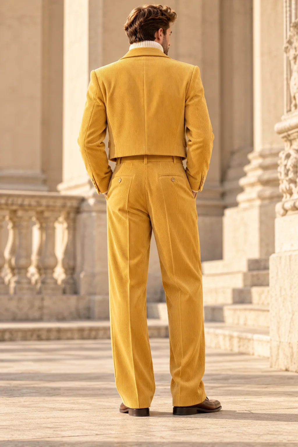 Men's Corduroy Cropped Blazer Wide Leg 2 Piece Suit