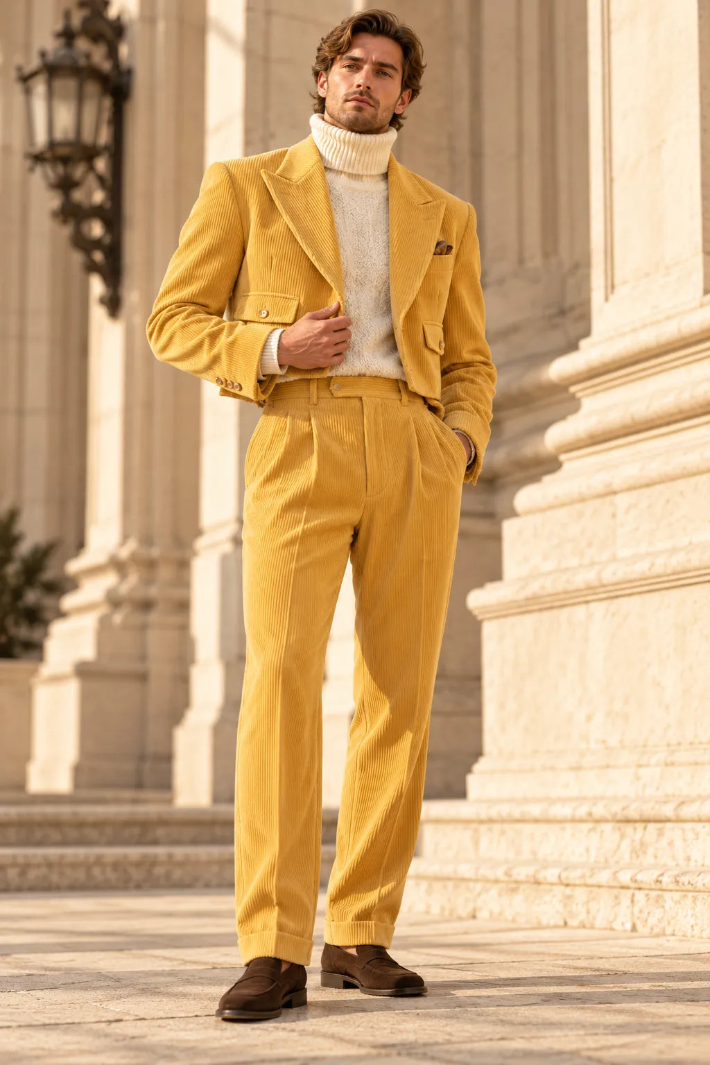 Men's Corduroy Cropped Blazer Wide Leg 2 Piece Suit