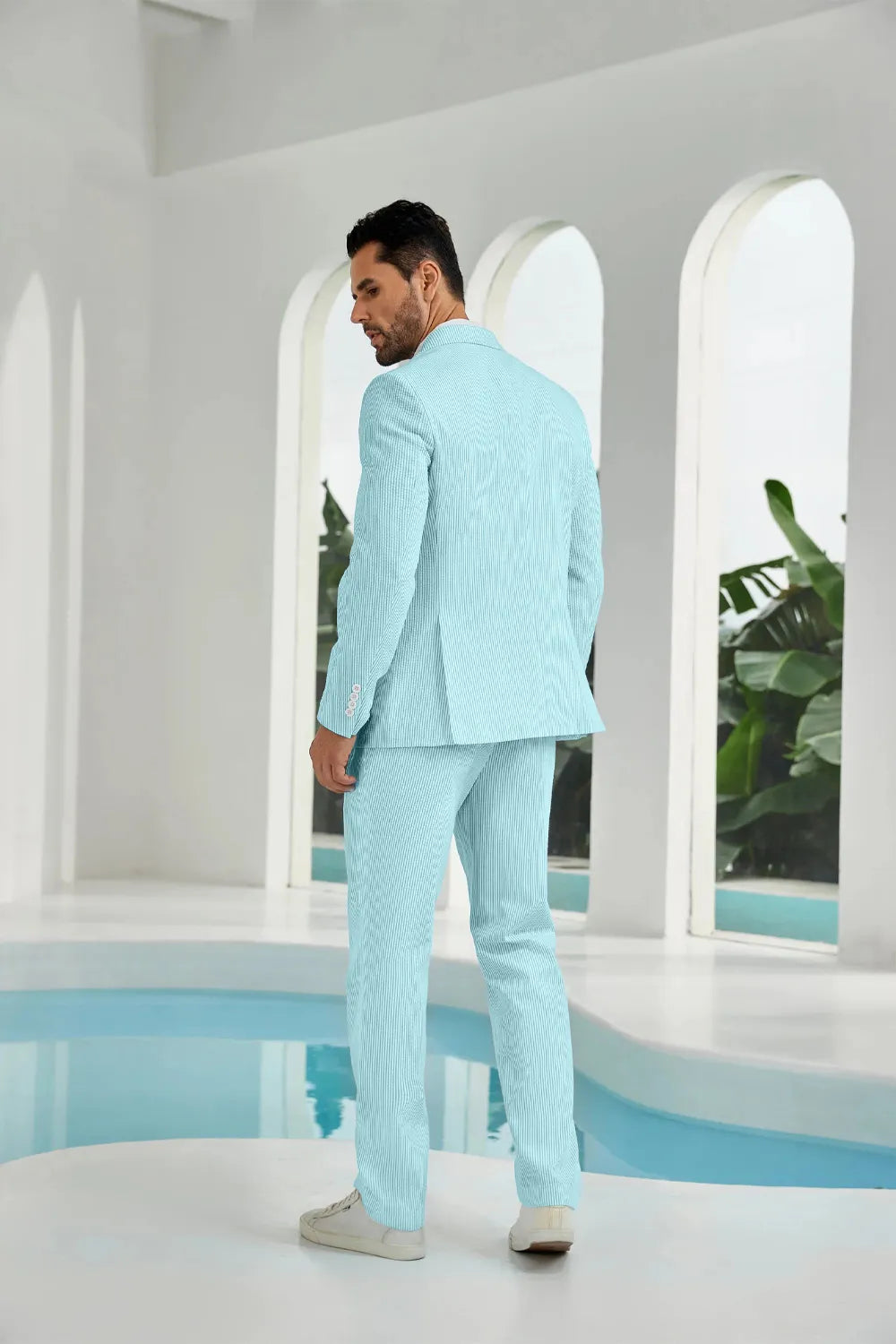 Aqua seersucker double breasted blazer pants 2 piece men's summer suit upgrade version back display