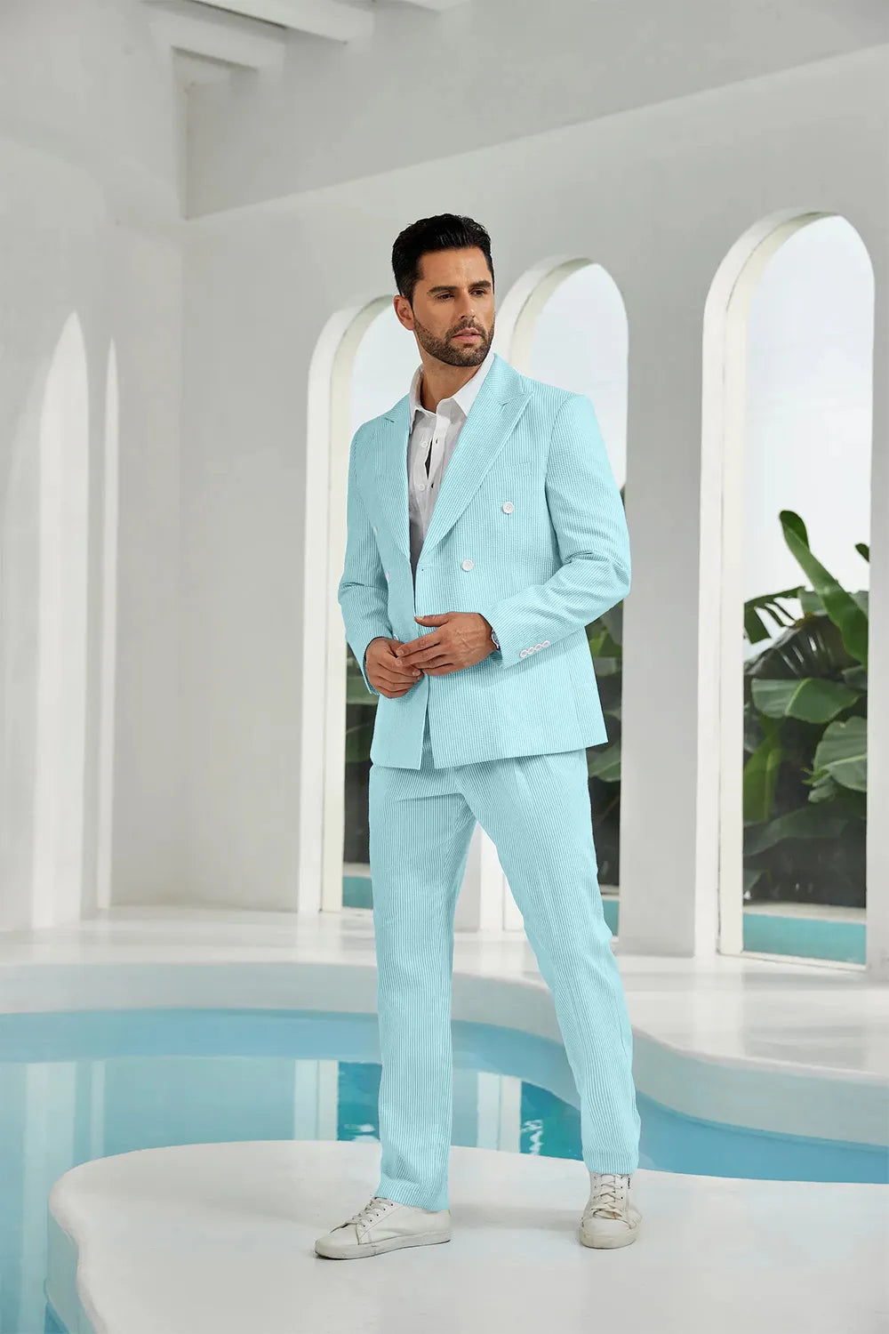 Aqua seersucker double breasted blazer pants 2 piece men's summer suit upgrade version side display