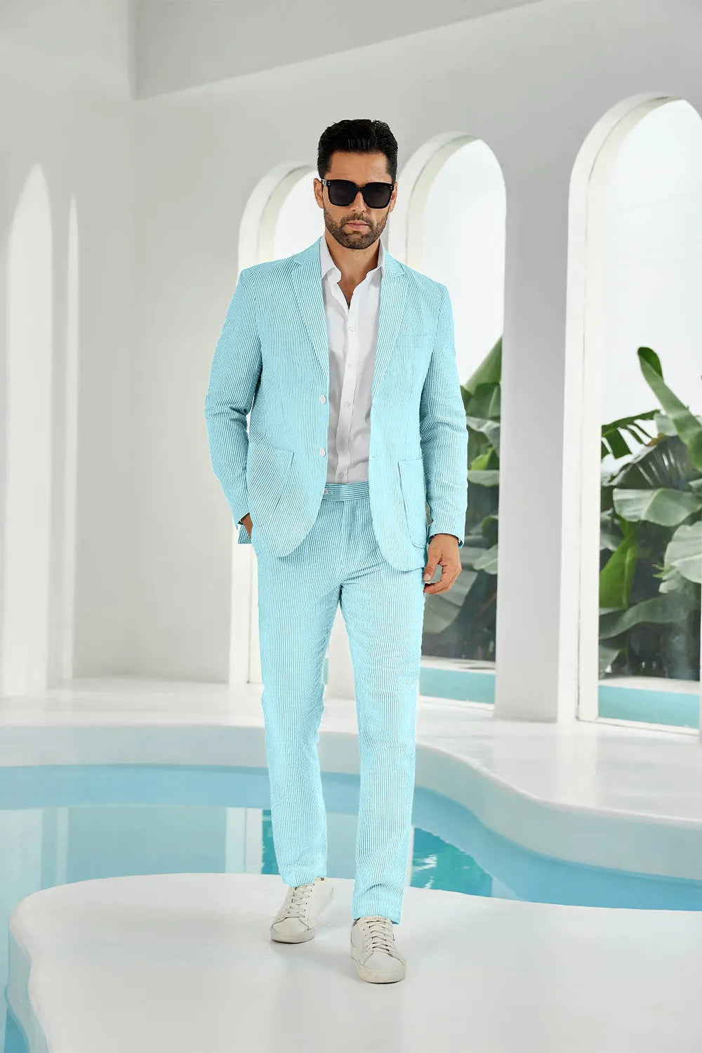 Aqua-white seersucker striped blazer pants 2 piece men's summer suit upgrade version front display
