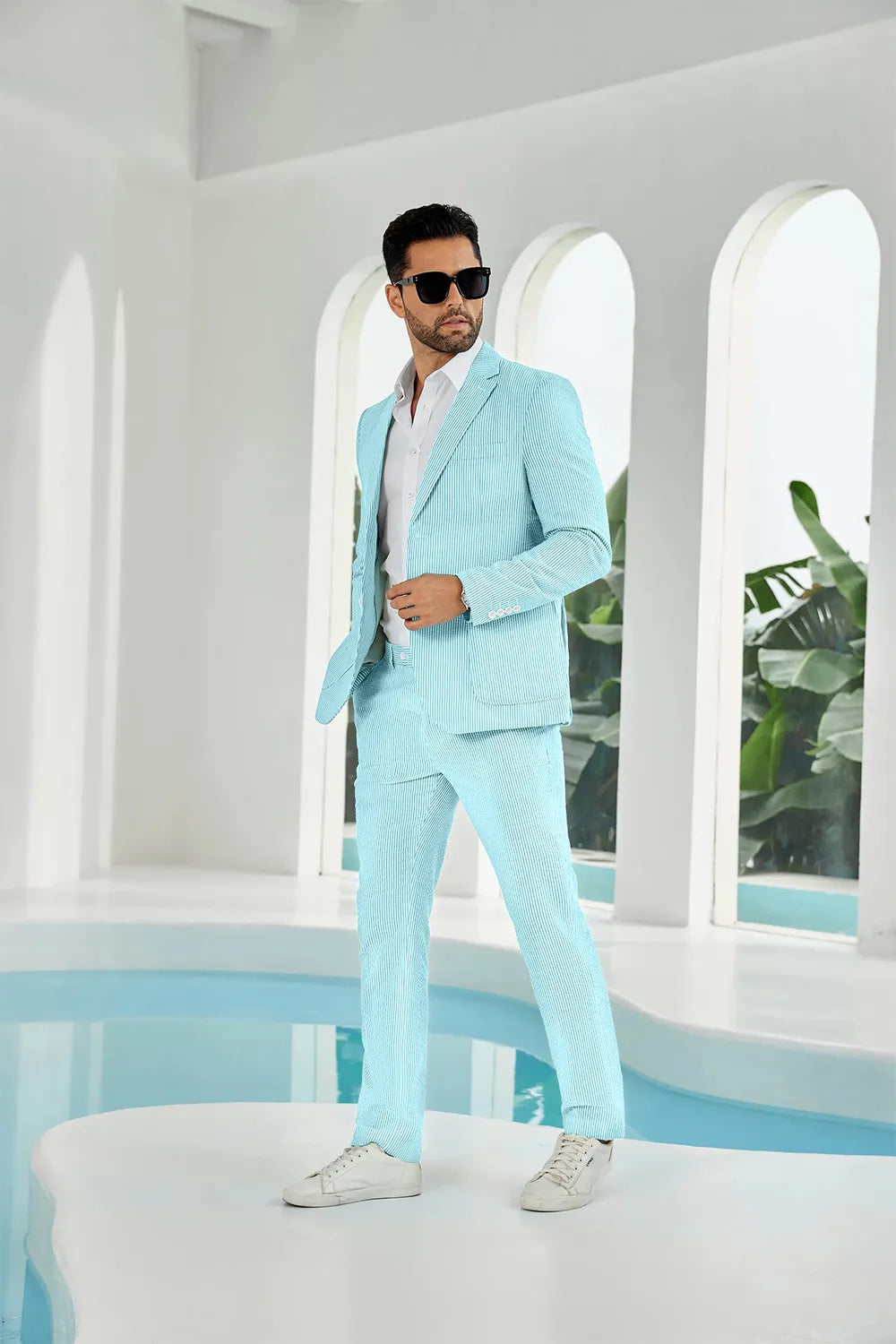 Aqua-white seersucker striped blazer pants 2 piece men's summer suit upgrade version side display