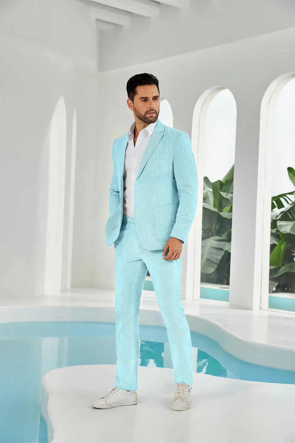 Aqua-white seersucker striped blazer pants 2 piece men's summer suit upgrade version on model