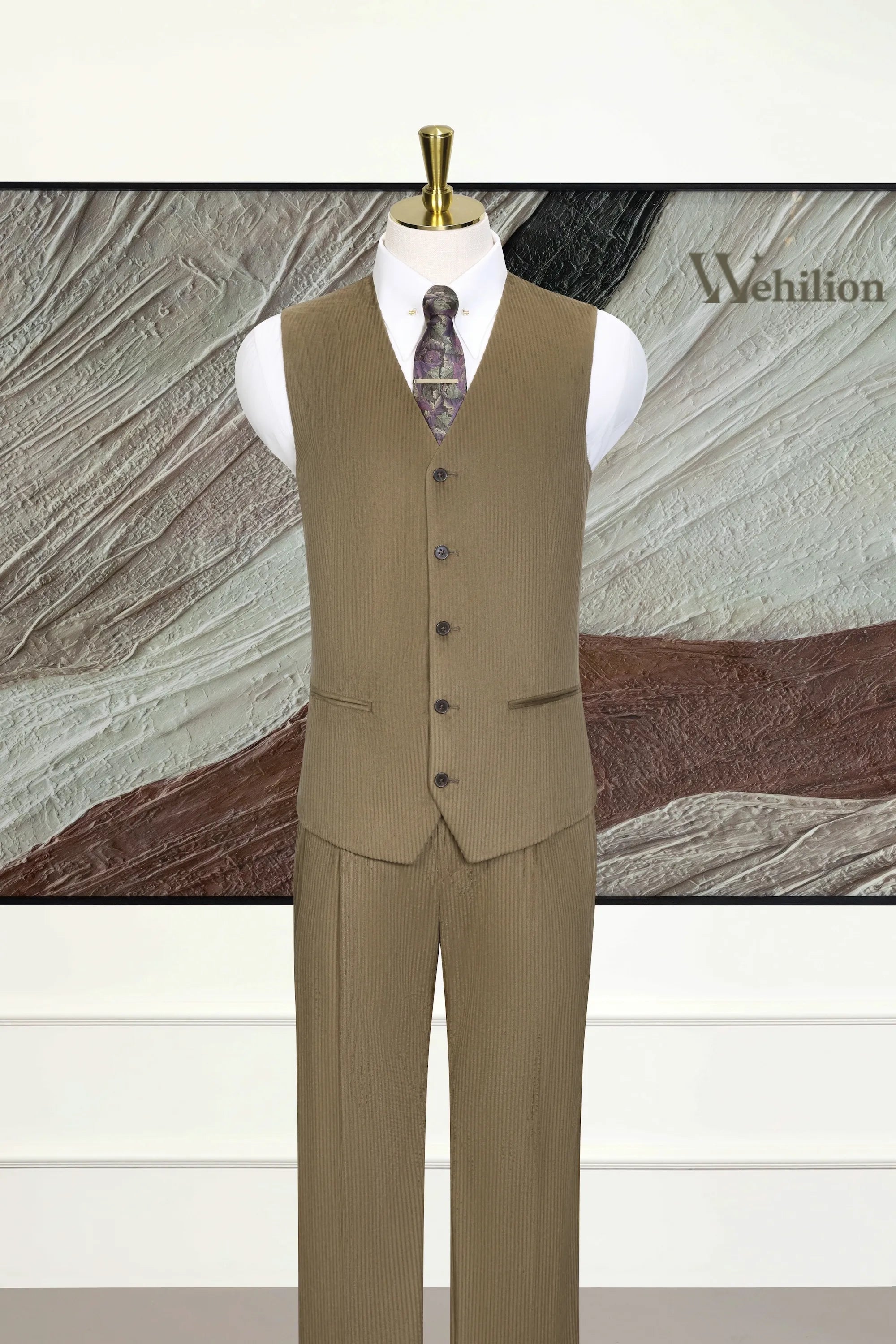 Men's Khaki Vintage Corduroy 3 Piece Suit