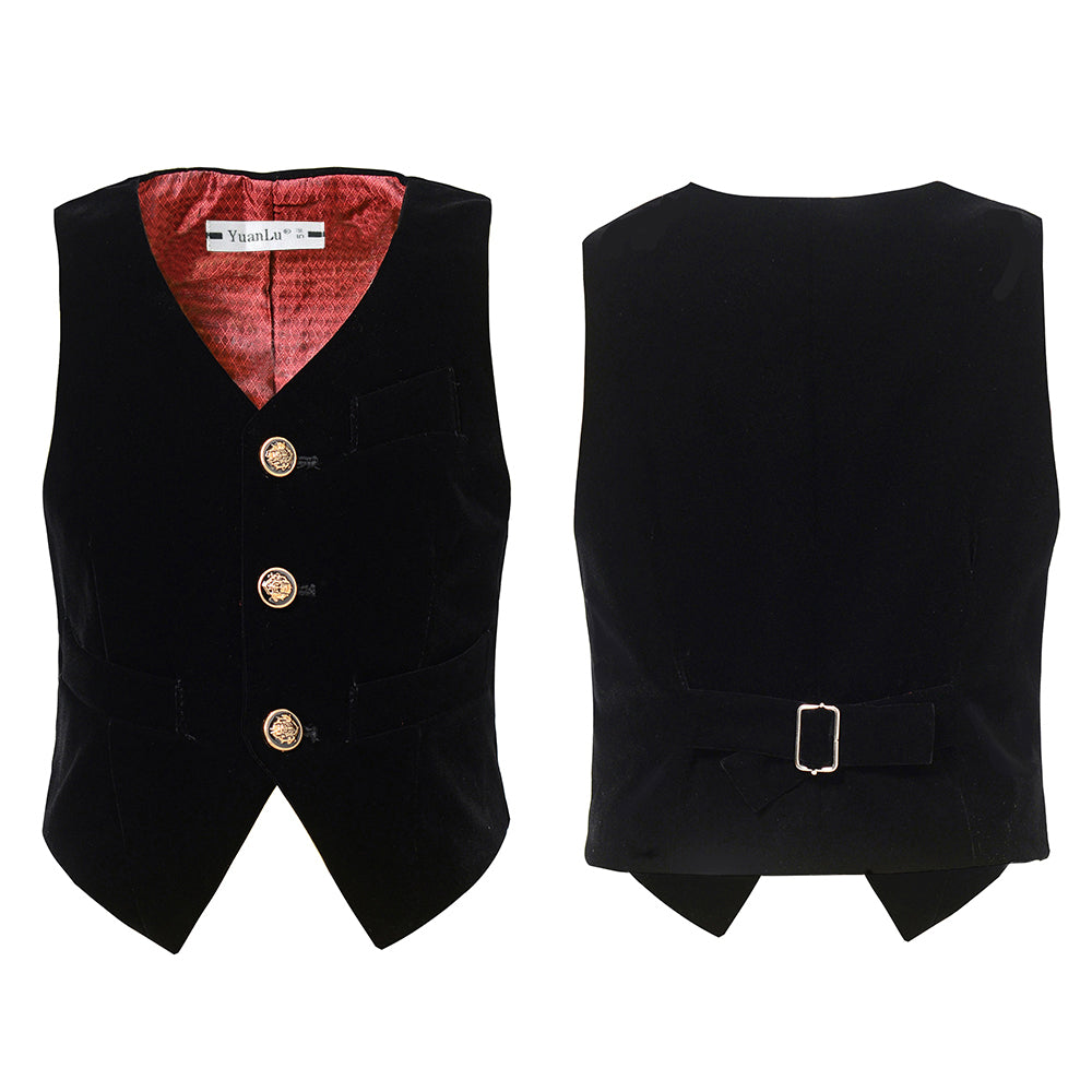 Black velvet boy's formal vest with gold lion buttons, red lining & adjustable back strap - 3-piece suit essential