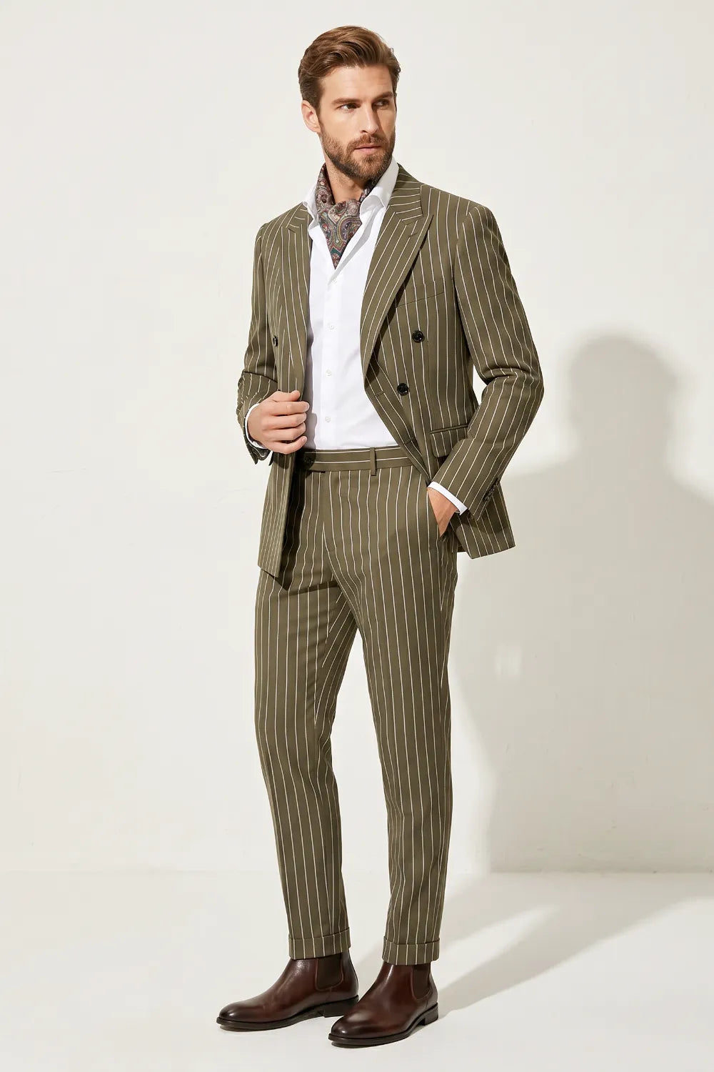 Men's Olive Pinstripe Double Breasted 2 Piece Suit