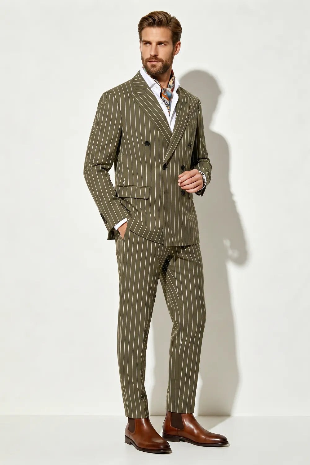 Men's Olive Pinstripe Double Breasted 2 Piece Suit