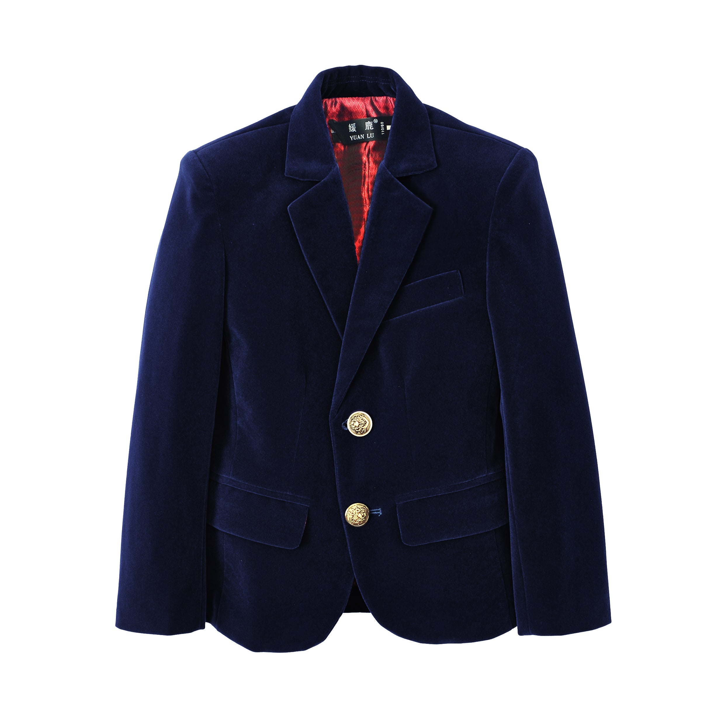 Navy velvet boys' formal jacket with gold buttons, red lining & pocket – part of 3-piece suit