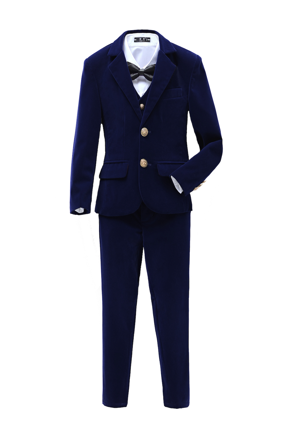 Navy velvet 3-piece boys' formal suit with gold buttons & black bow tie – elegant wedding/party outfit