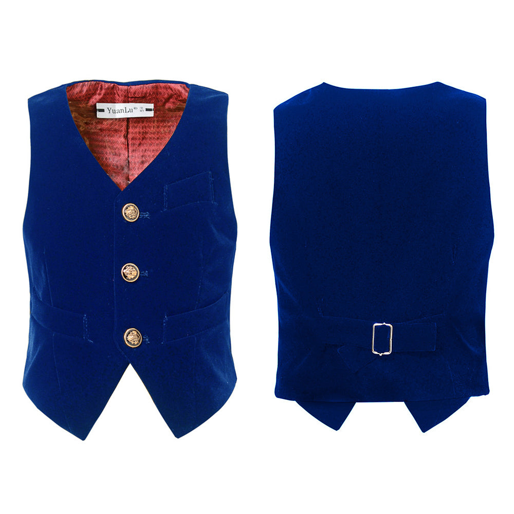 Royal blue velvet 3-piece boy's formal suit with jacket, vest & pants - elegant kid's wedding/party outfit