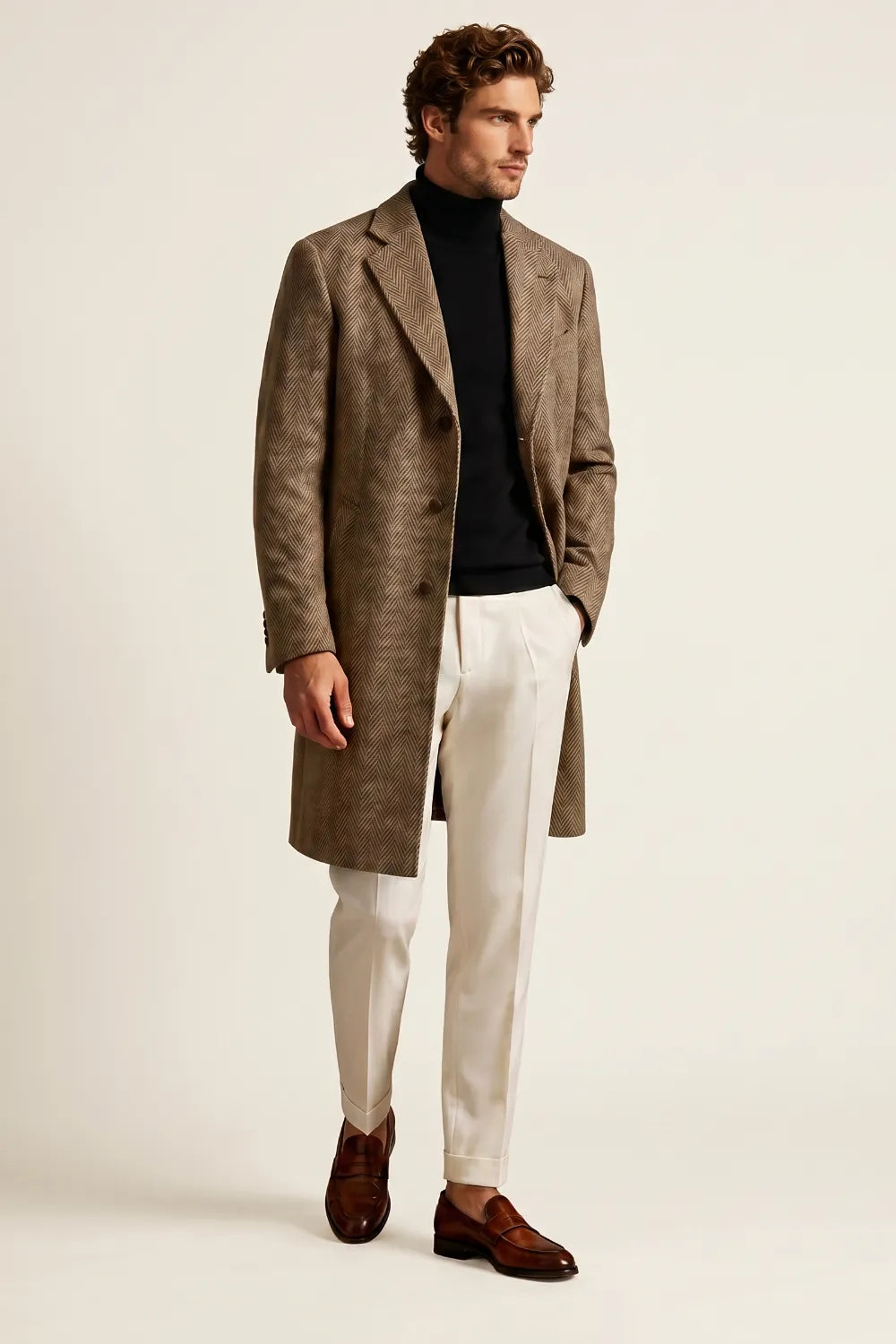 Men's Brown Herringbone Wool Blend Overcoat
