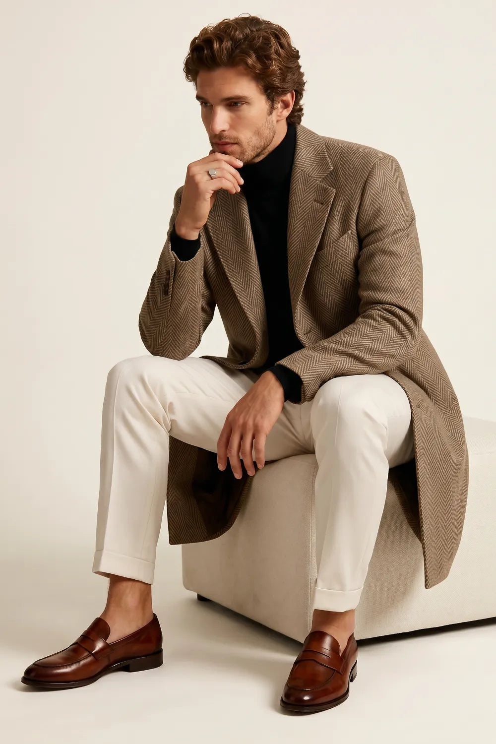 Men's Brown Herringbone Wool Blend Overcoat