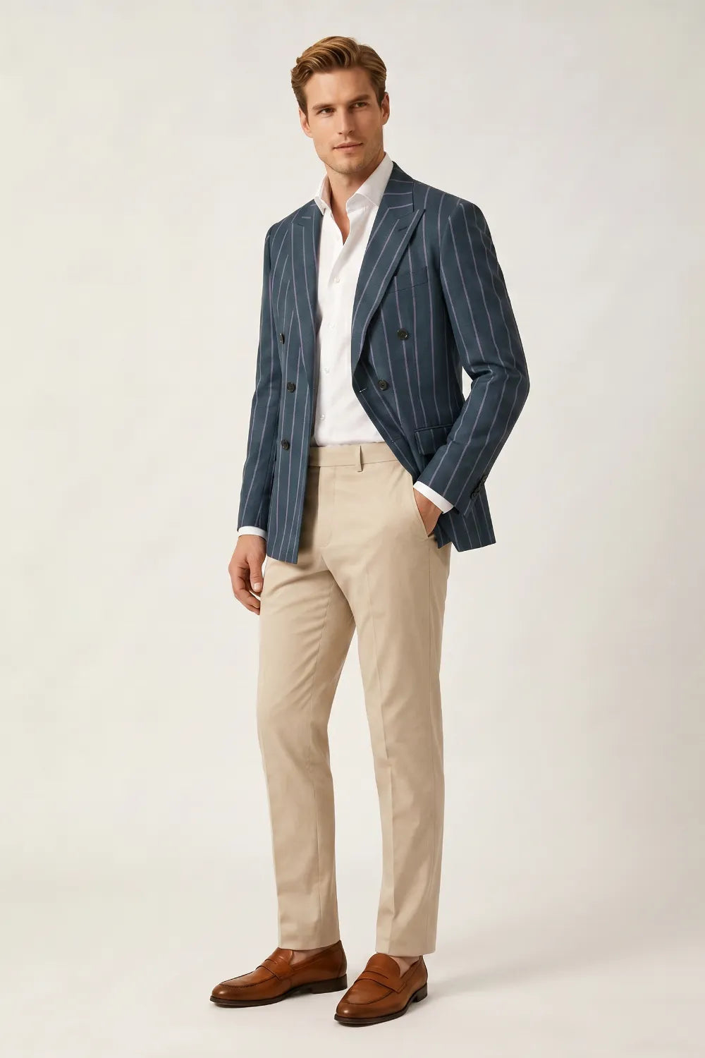 Men's Dusty Blue Pinstripe Double Breasted Peak Lapel Blazer
