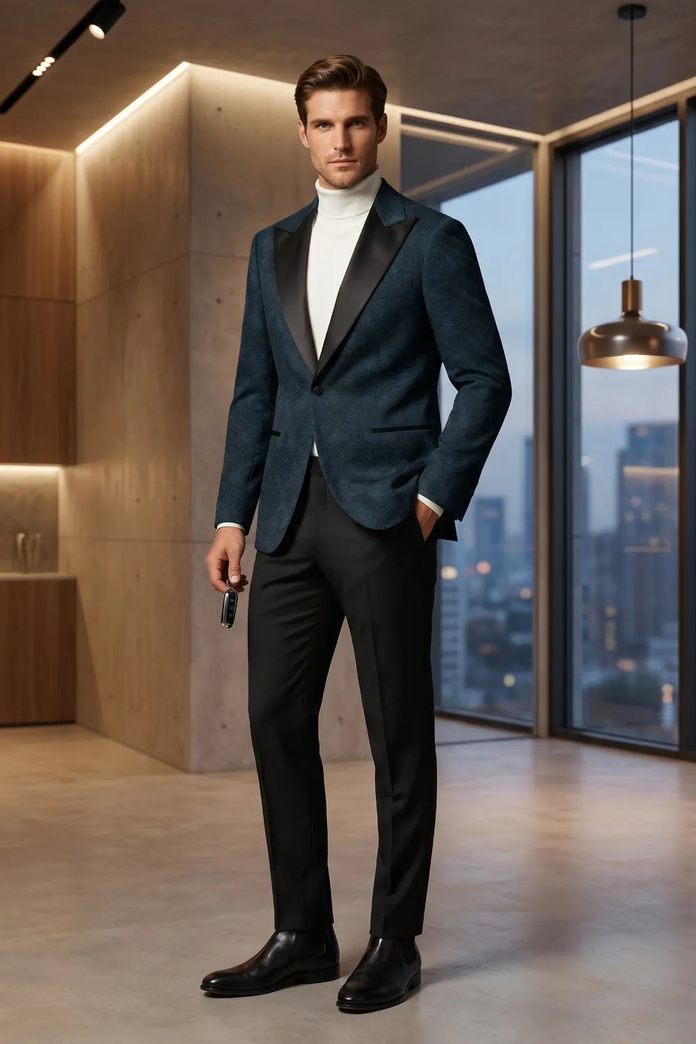 Men's Navy Blue Jacquard Satin Peak Lapel 2-Piece Tuxedo Suit