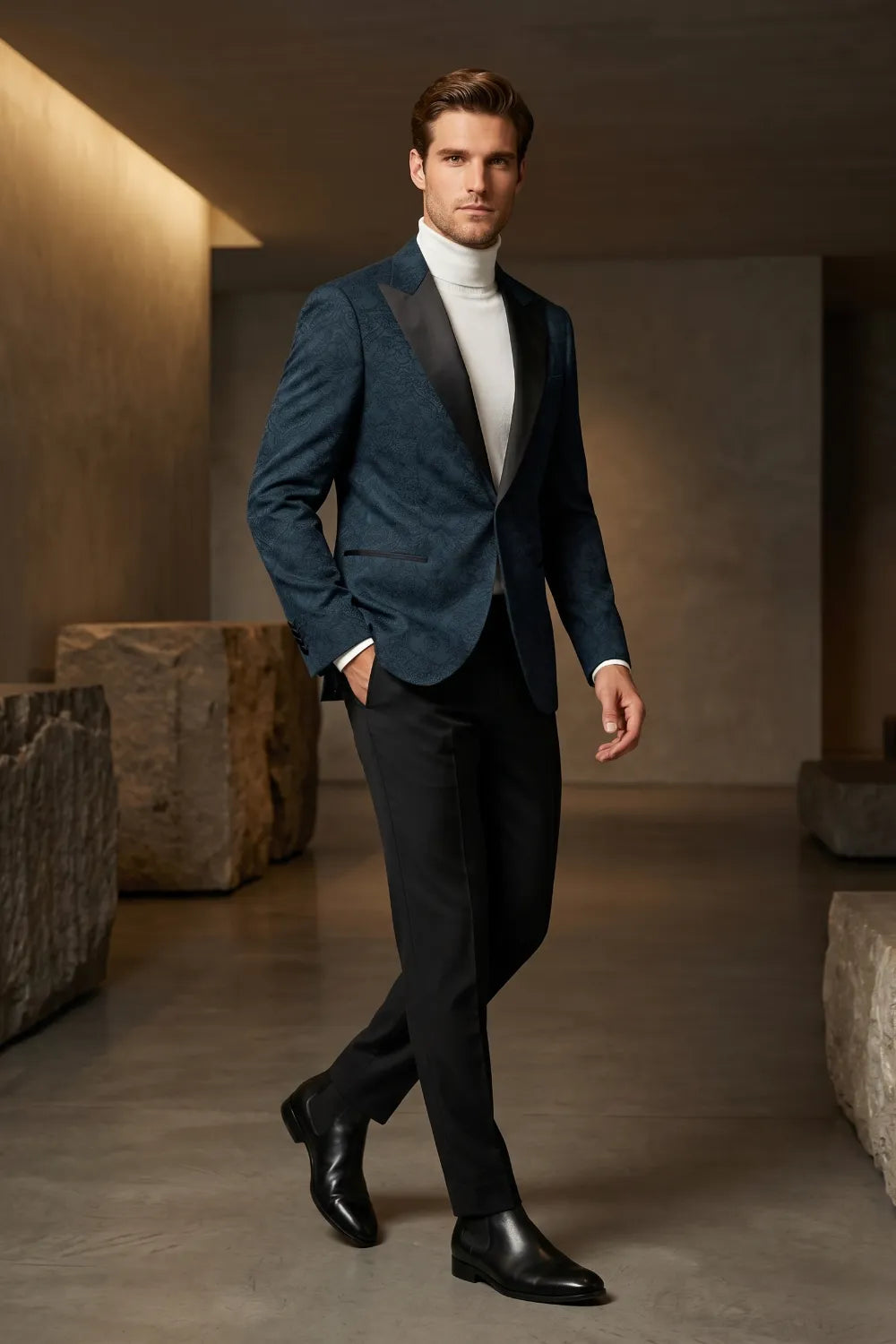 Men's Navy Blue Jacquard Satin Peak Lapel 2-Piece Tuxedo Suit
