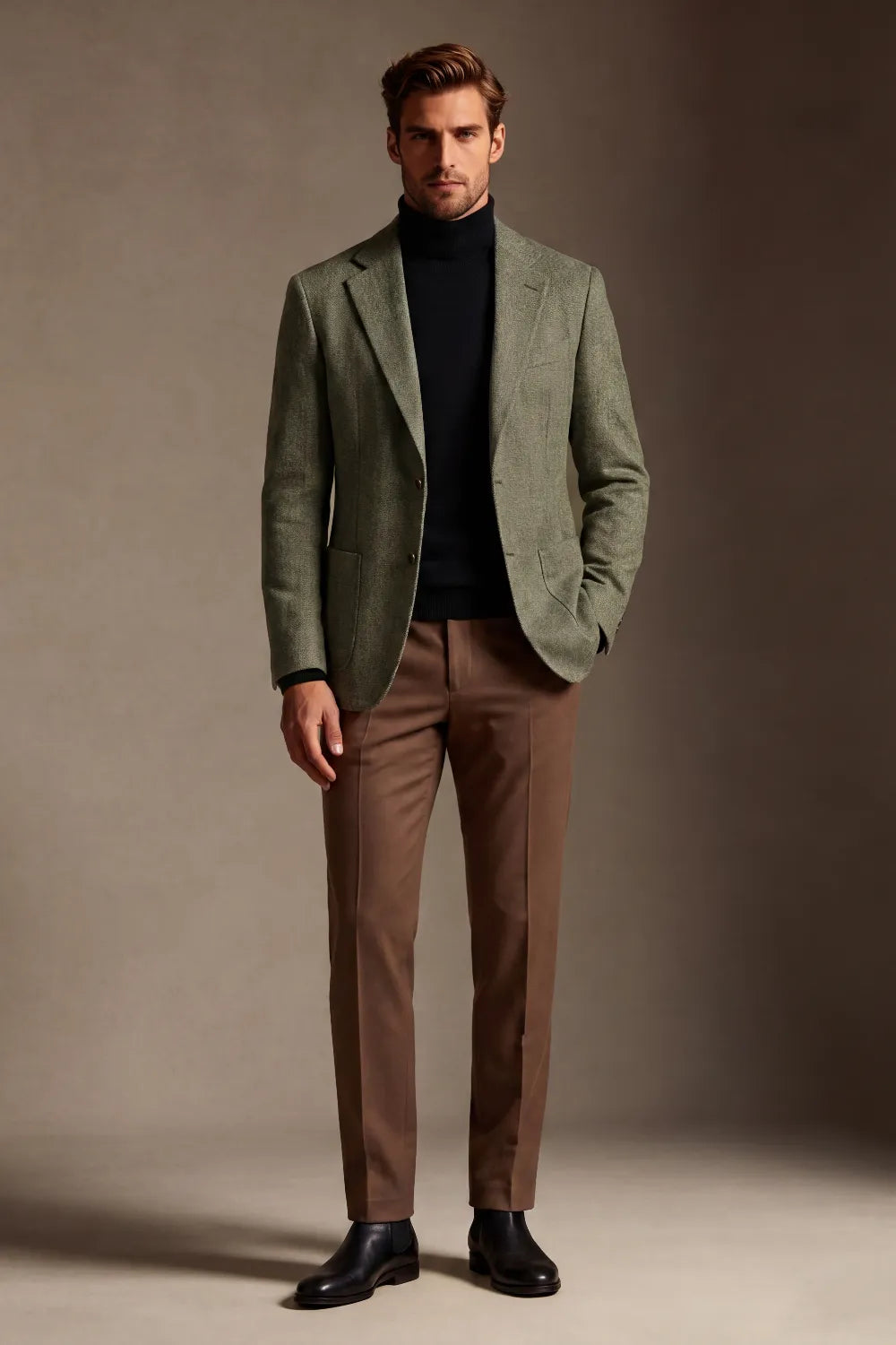 Men's Olive Green Wool Blend Herringbone 2 Piece Suit
