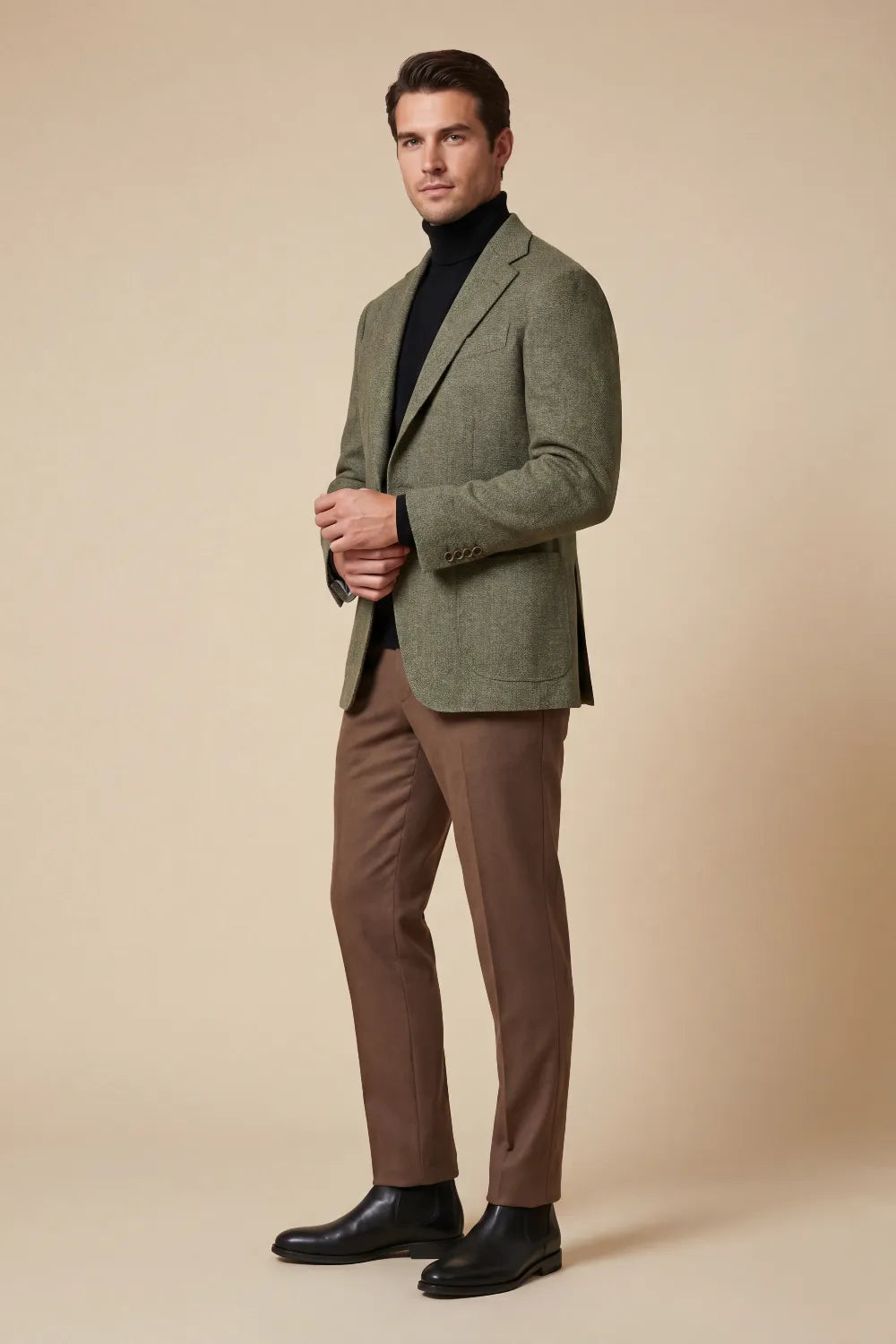 Men's Olive Green Wool Blend Herringbone 2 Piece Suit