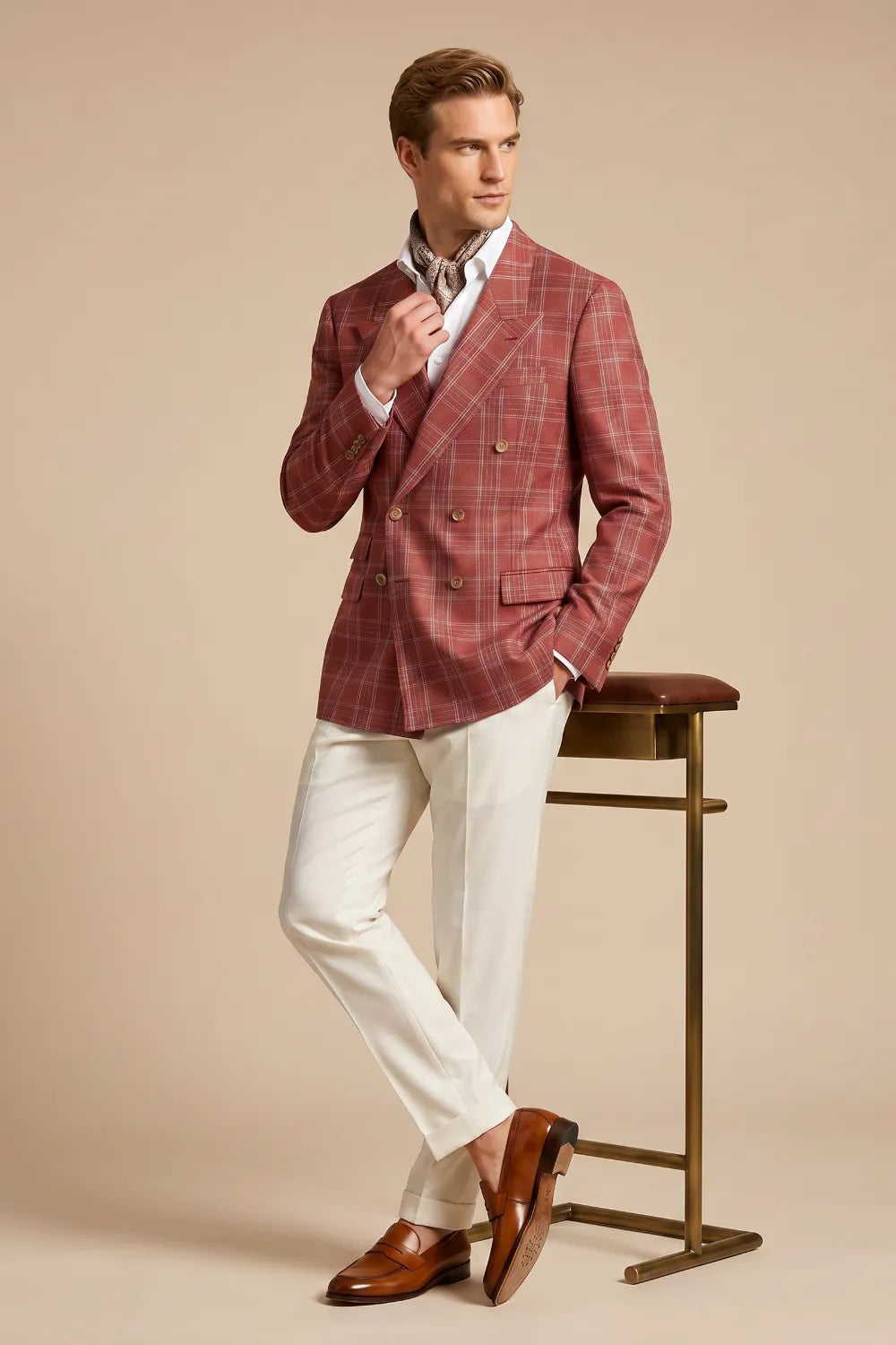 Men's Rust Red Windowpane Double Breasted 2 Piece Suit