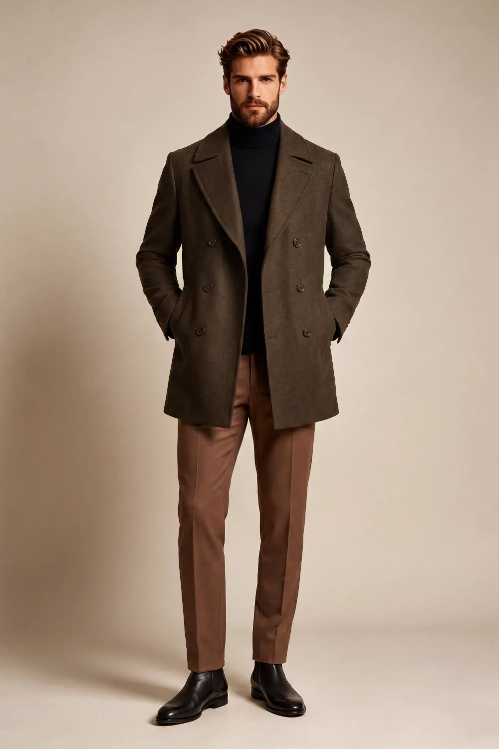 Men's Dark Olive Brown Wool Blend Double Breasted Overcoat