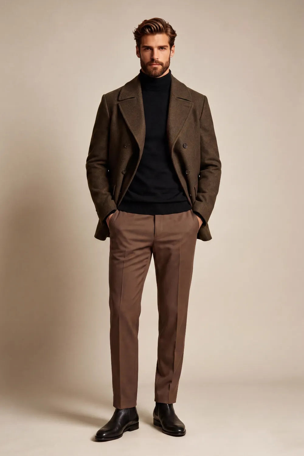 Men's Dark Olive Brown Wool Blend Double Breasted Overcoat