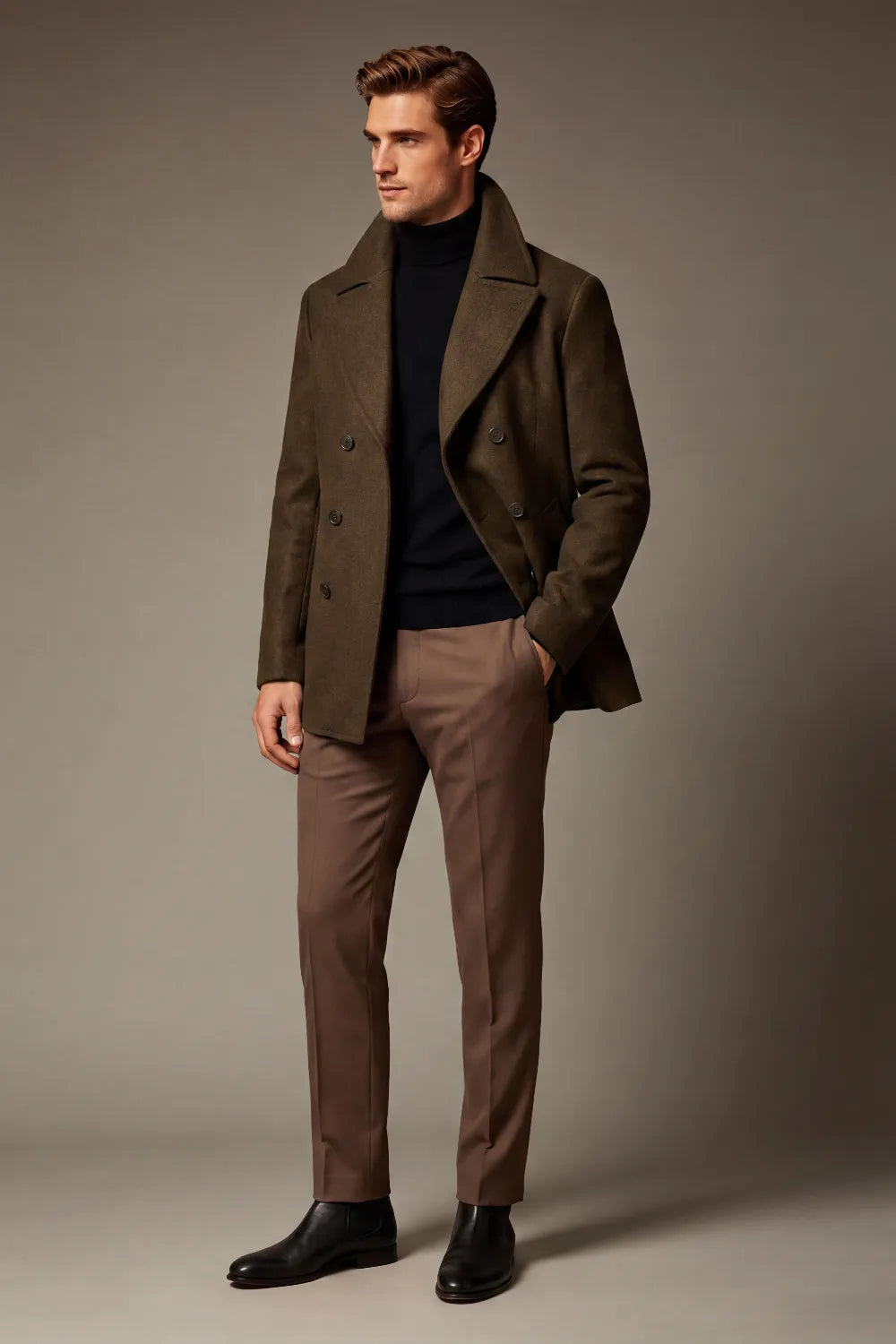 Men's Dark Olive Brown Wool Blend Double Breasted Overcoat