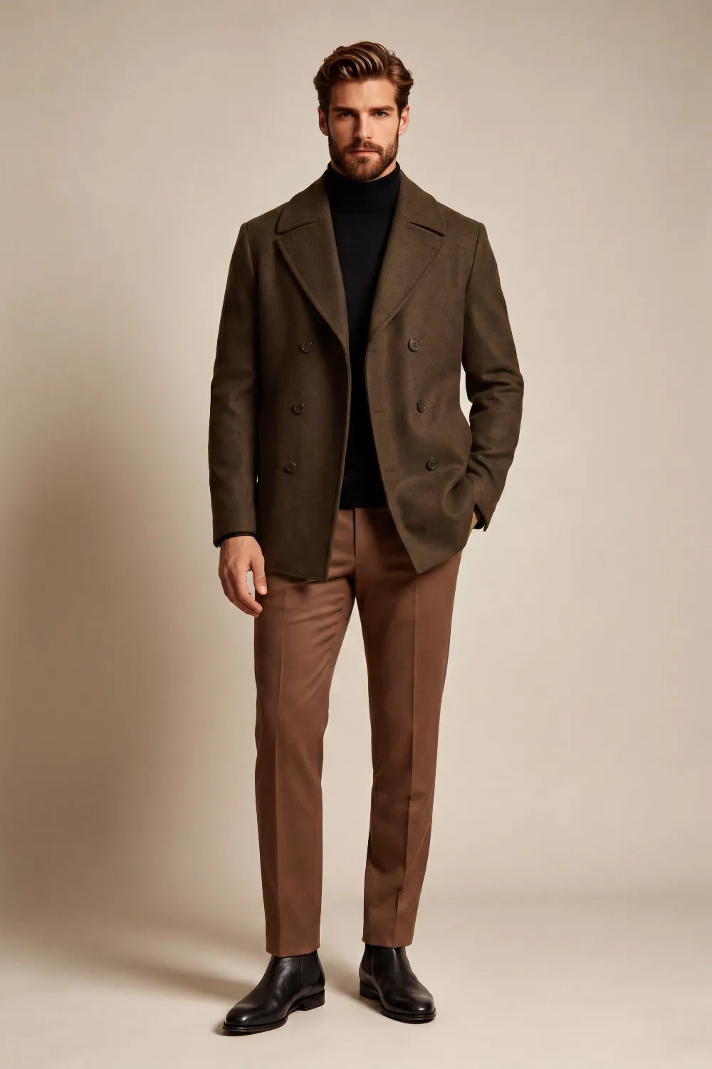 Men's Dark Olive Brown Wool Blend Double Breasted Overcoat