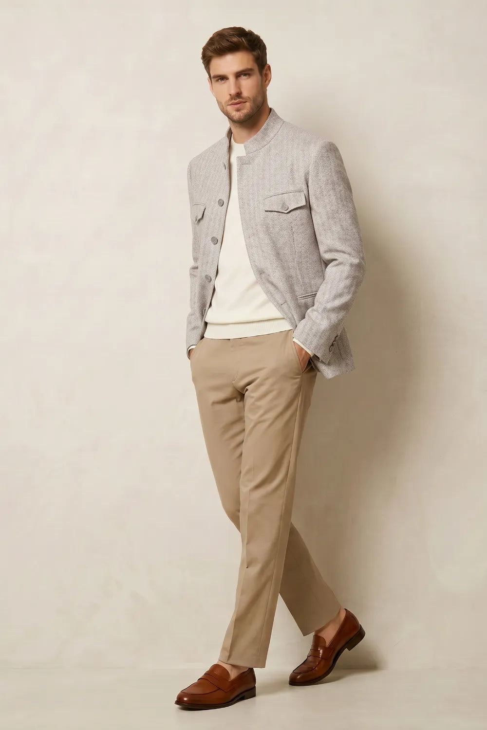 Men's Light Grey Herringbone Mandarin Collar Wool Blend Blazer