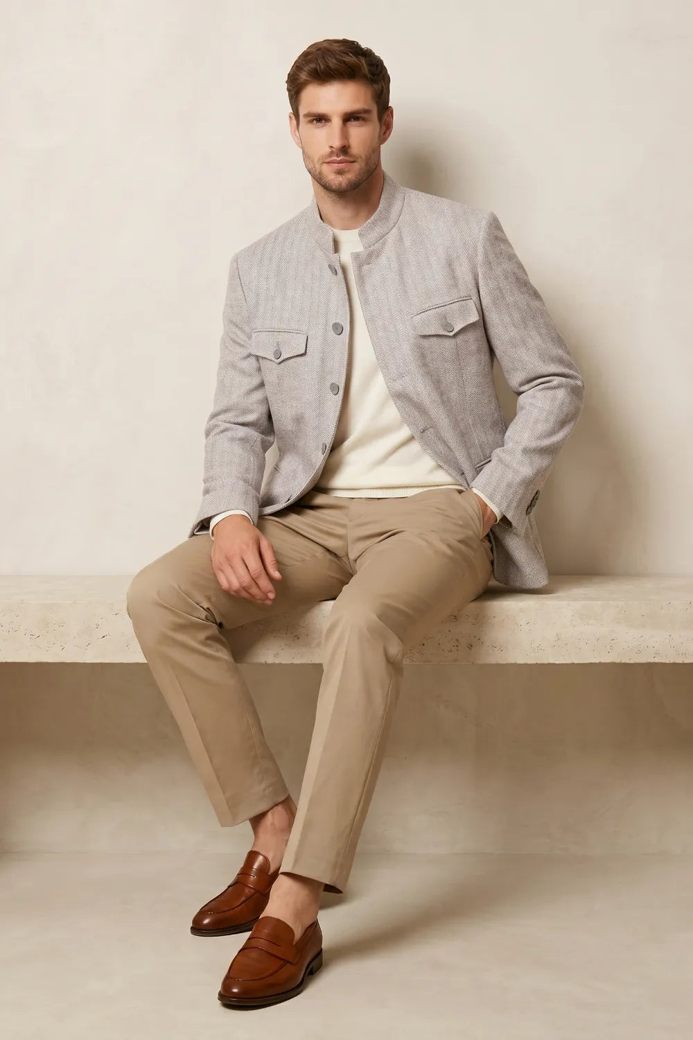Men's Light Grey Herringbone Mandarin Collar Wool Blend Blazer
