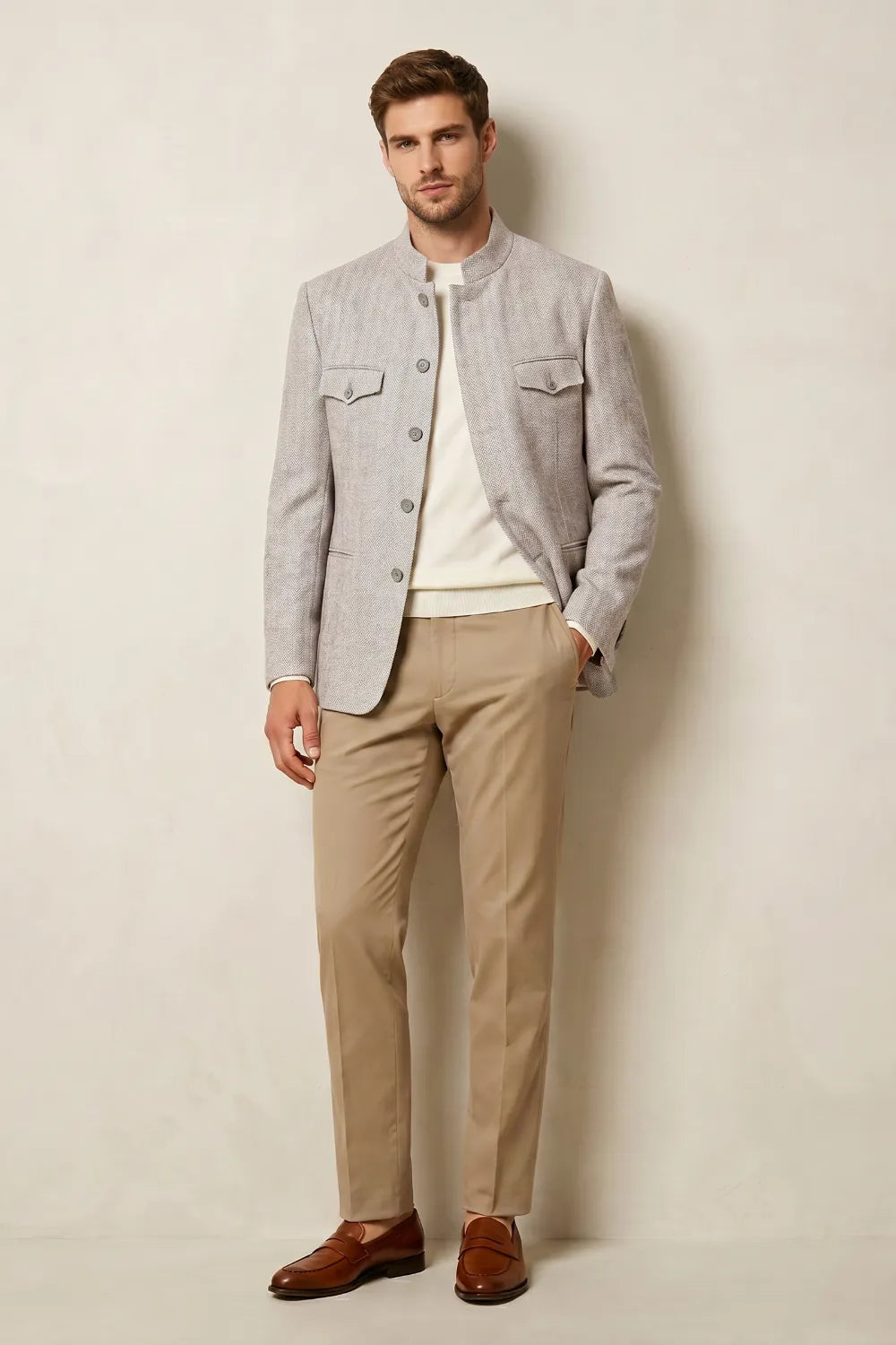 Men's Light Grey Herringbone Mandarin Collar Wool Blend Blazer