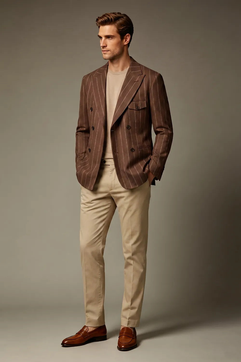 Men's Tobacco Chalk Stripe Double Breasted 2 Piece Suit