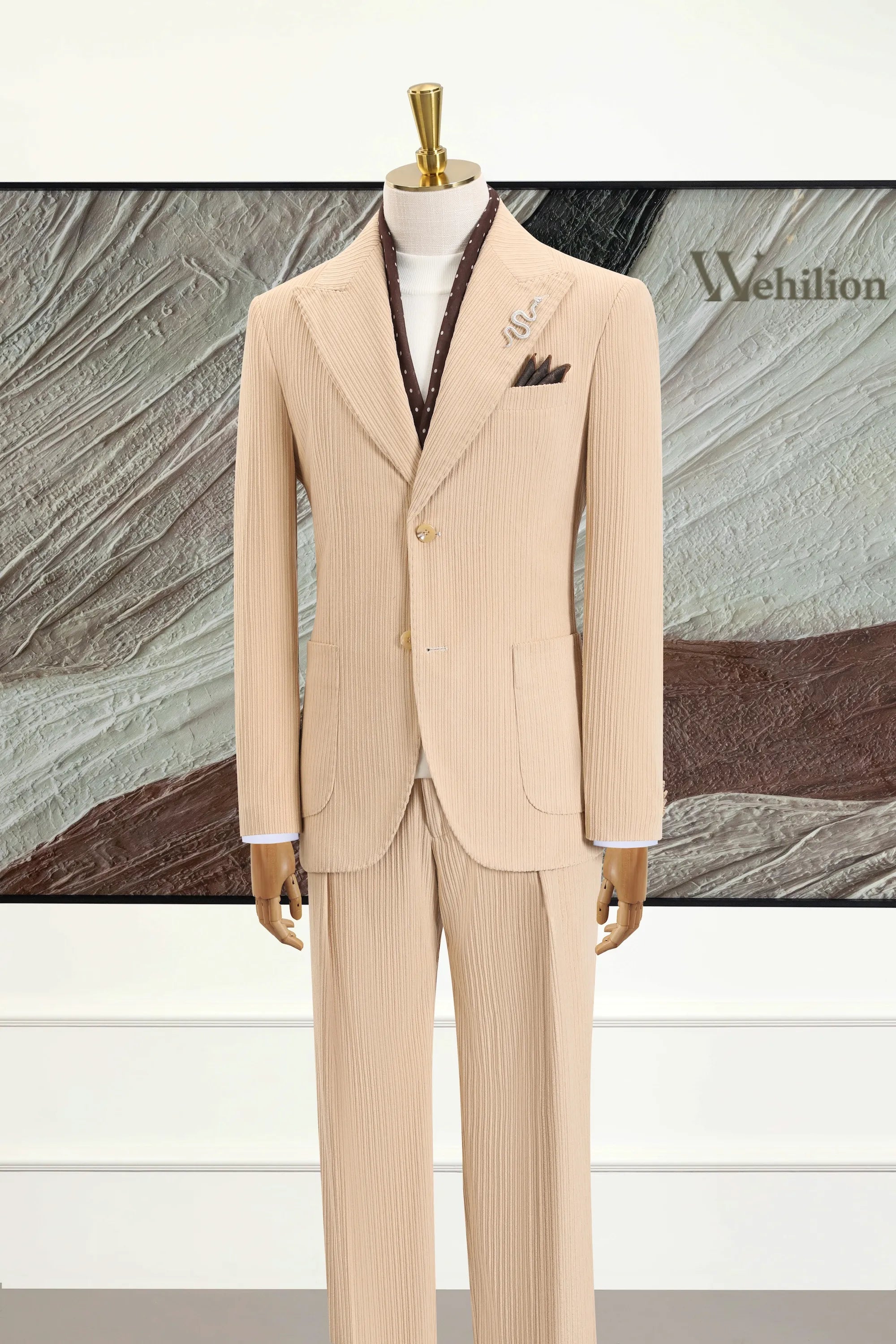 Men's Beige Corduroy Peak Lapel 2 Piece Suit