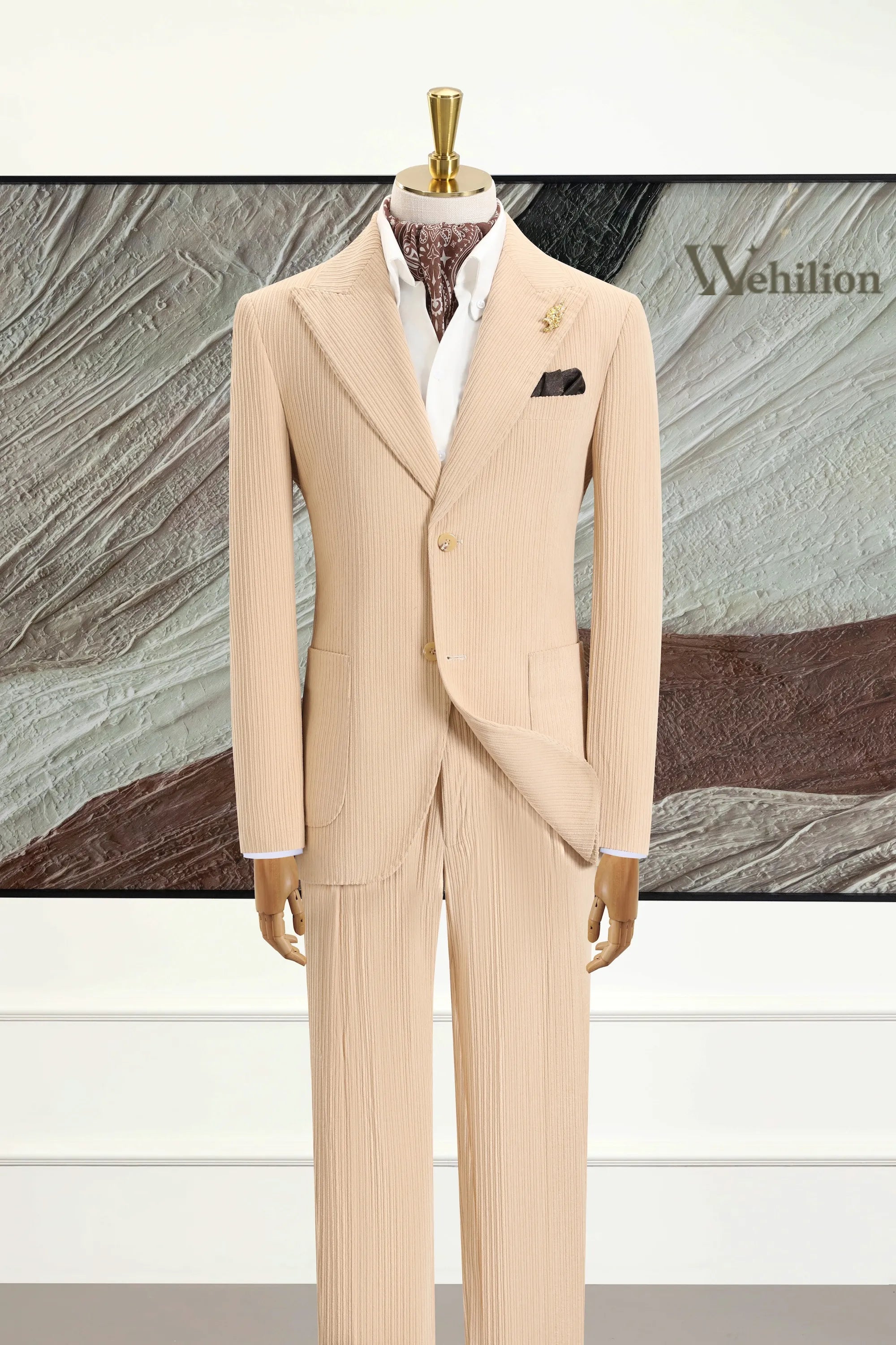 Men's Beige Corduroy Peak Lapel 2 Piece Suit