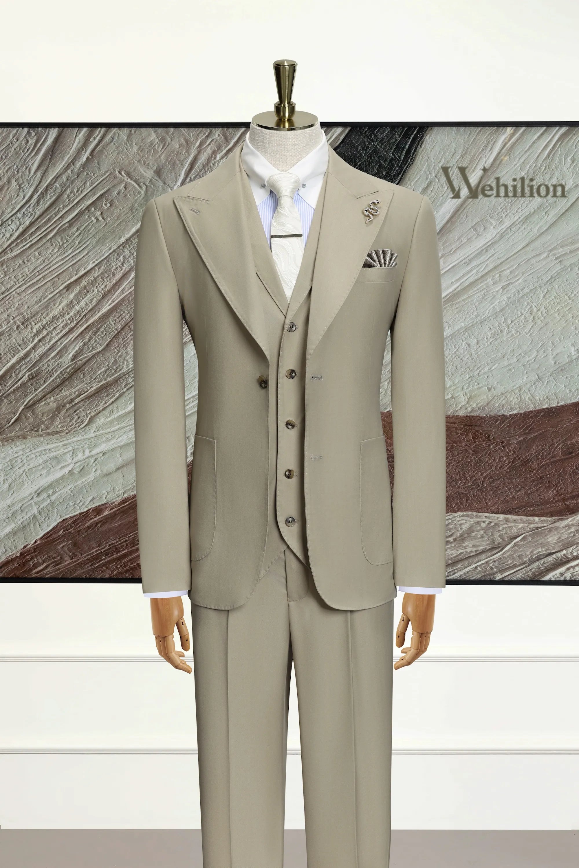 Men's Beige Grey Peak Lapel 3 Piece Suits
