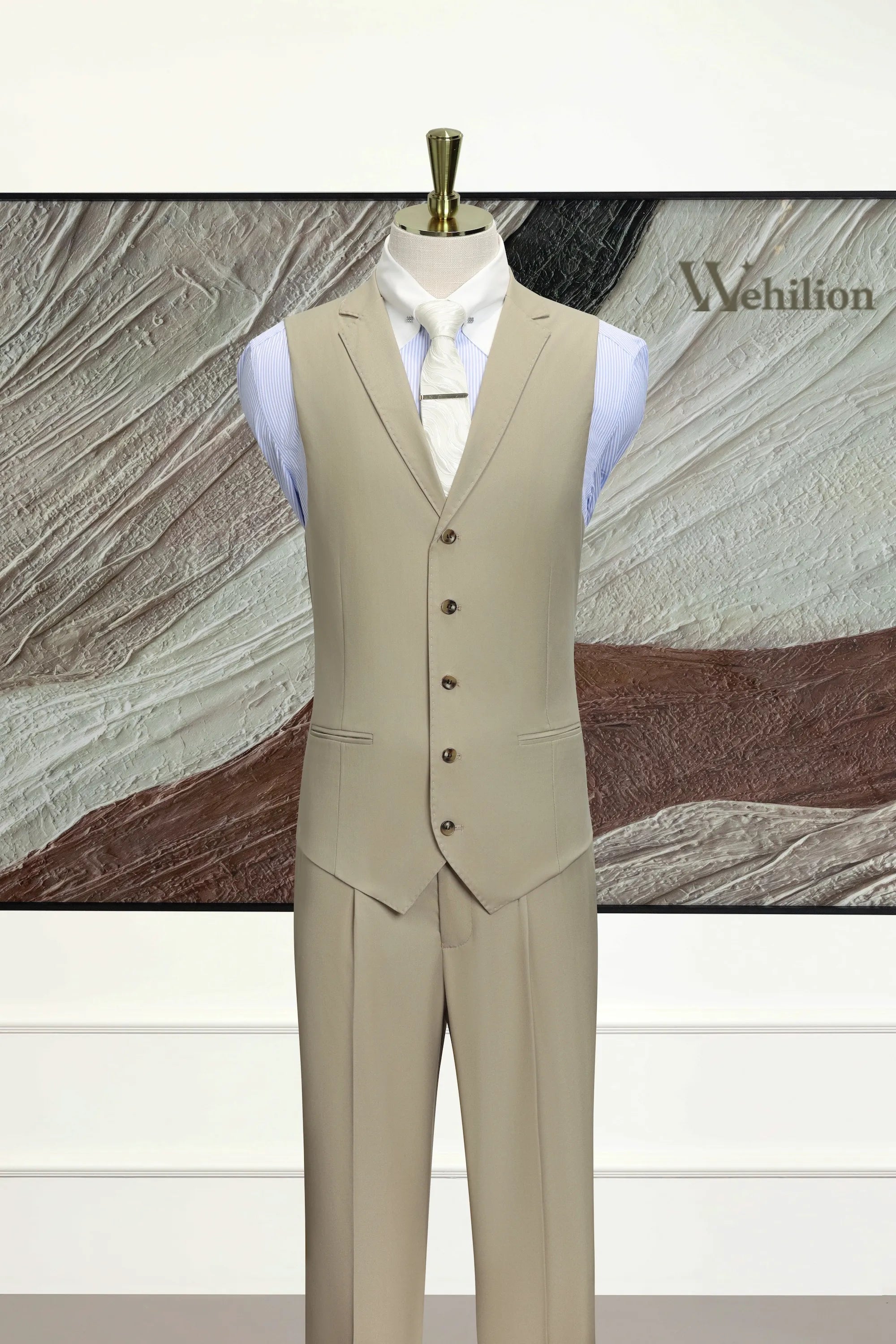 Men's Beige Grey Peak Lapel 3 Piece Suits