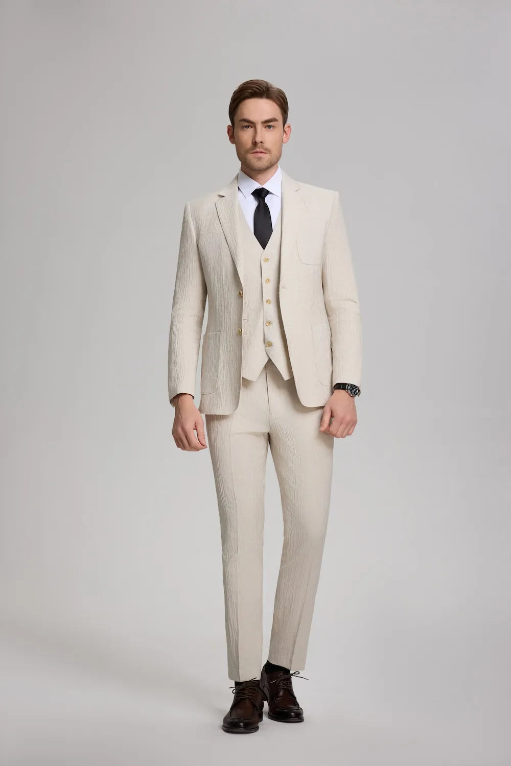 Beige linen 3-piece suit for men with black tie – summer formal outfit for weddings or business events
