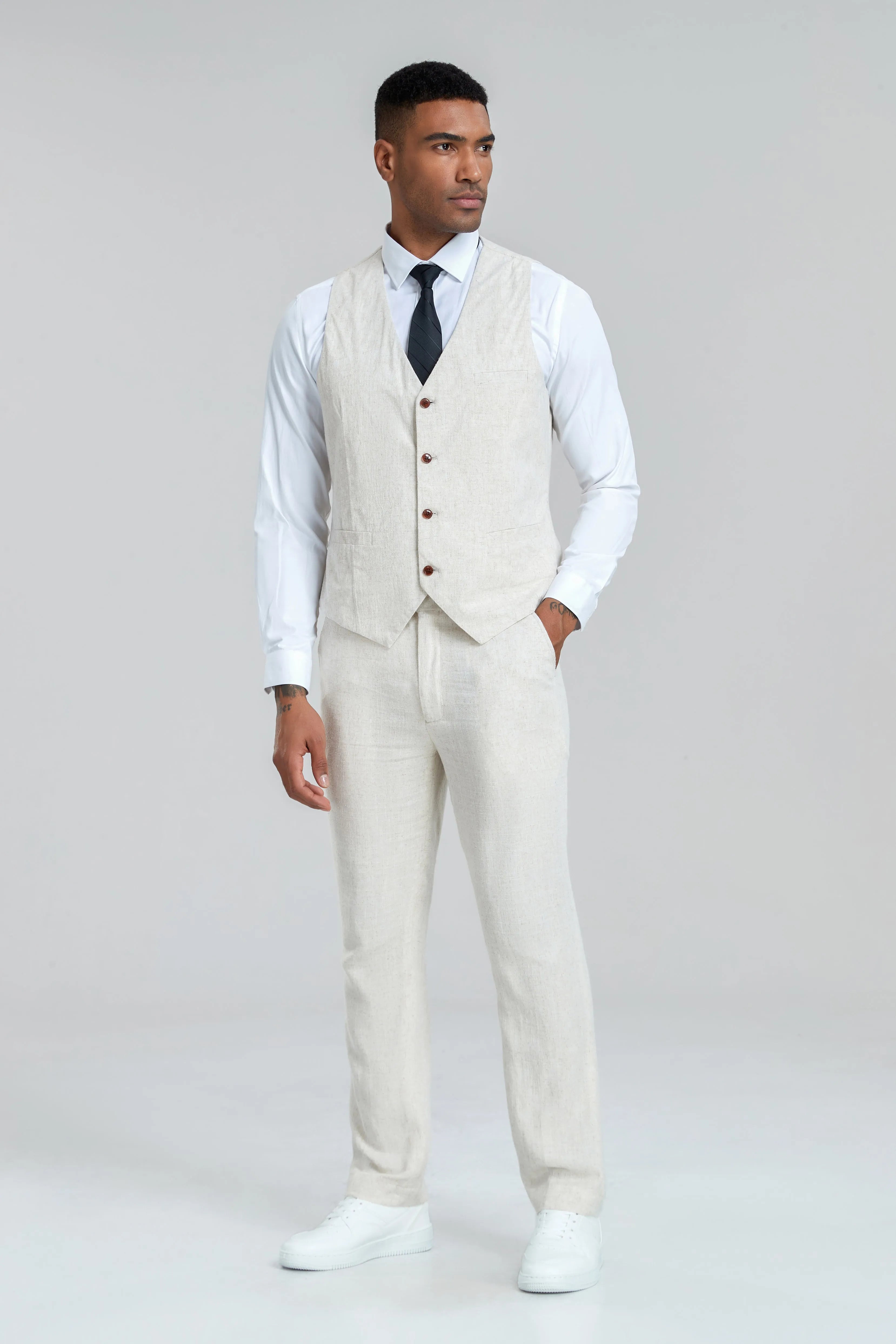 Beige linen vest and pants for men – lightweight two-piece summer suit ideal for beach weddings