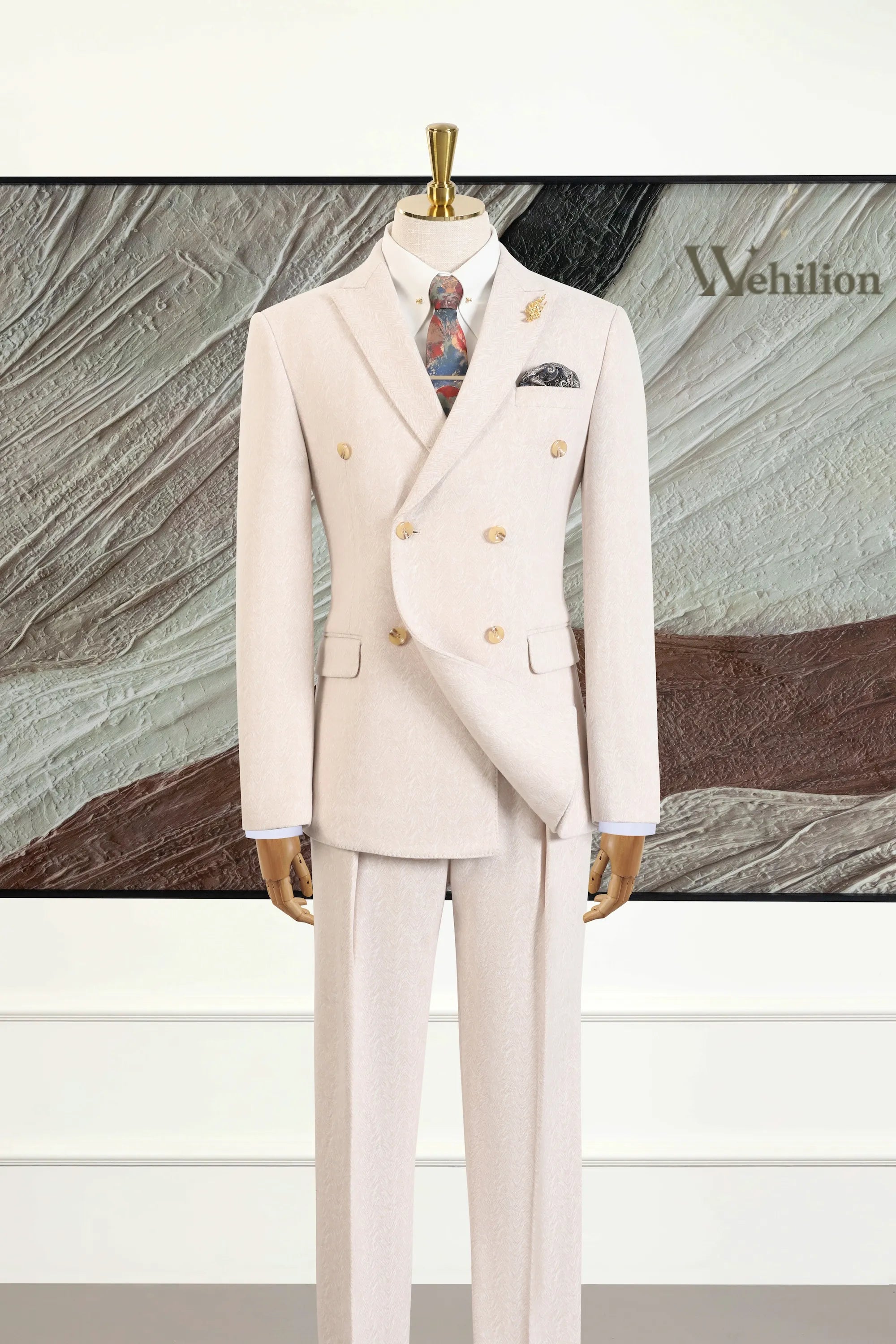 Men's Beige Peak Lapel 2 Piece Suits