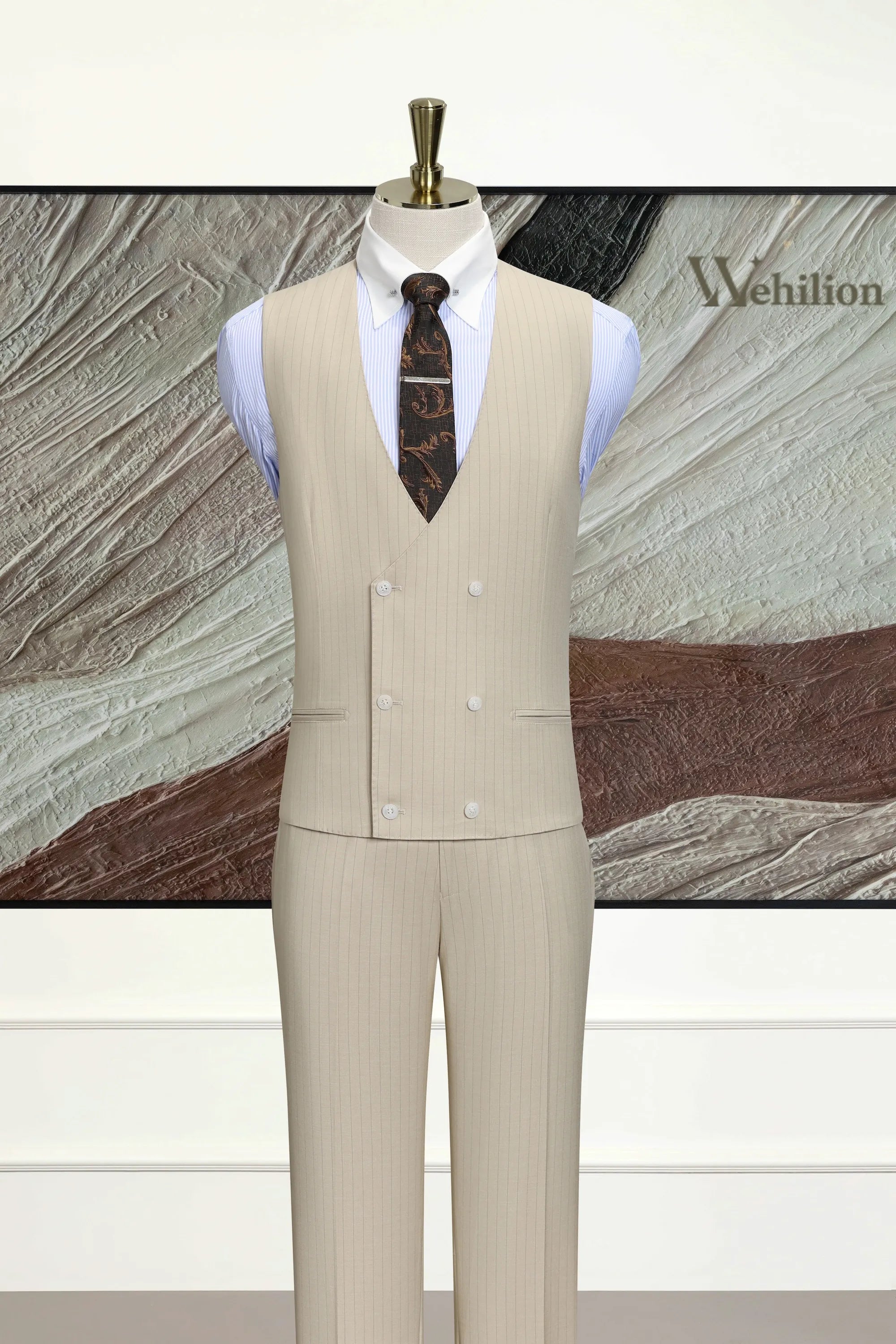 Men's Beige Peak Lapel Stripe 3 Piece Suits