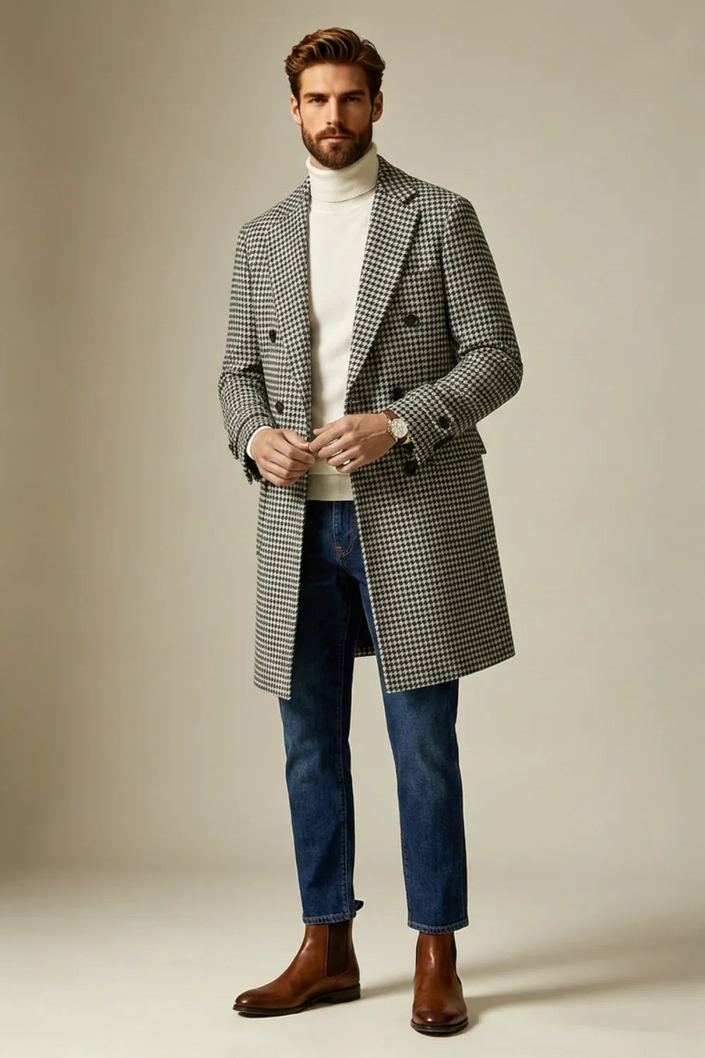 Men's Black And White Houndstooth Double Breasted Long Overcoat