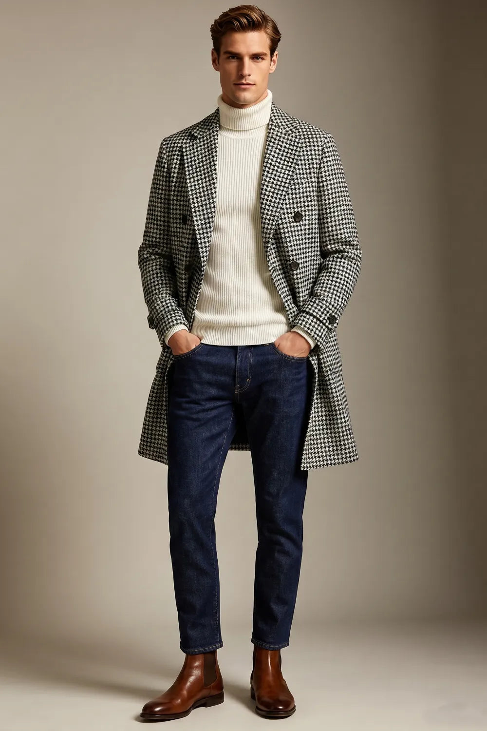 Men's Black And White Houndstooth Double Breasted Long Overcoat