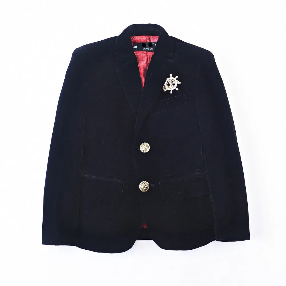 Black velvet boys single-breasted blazer with shiny gold buttons, ideal for formal events and dressy occasions.