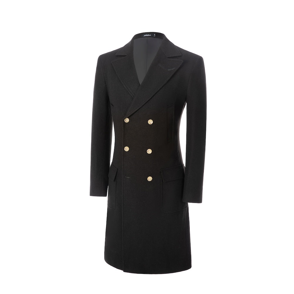 Angled front shot of black double breasted overcoat – elegant wool outerwear for men