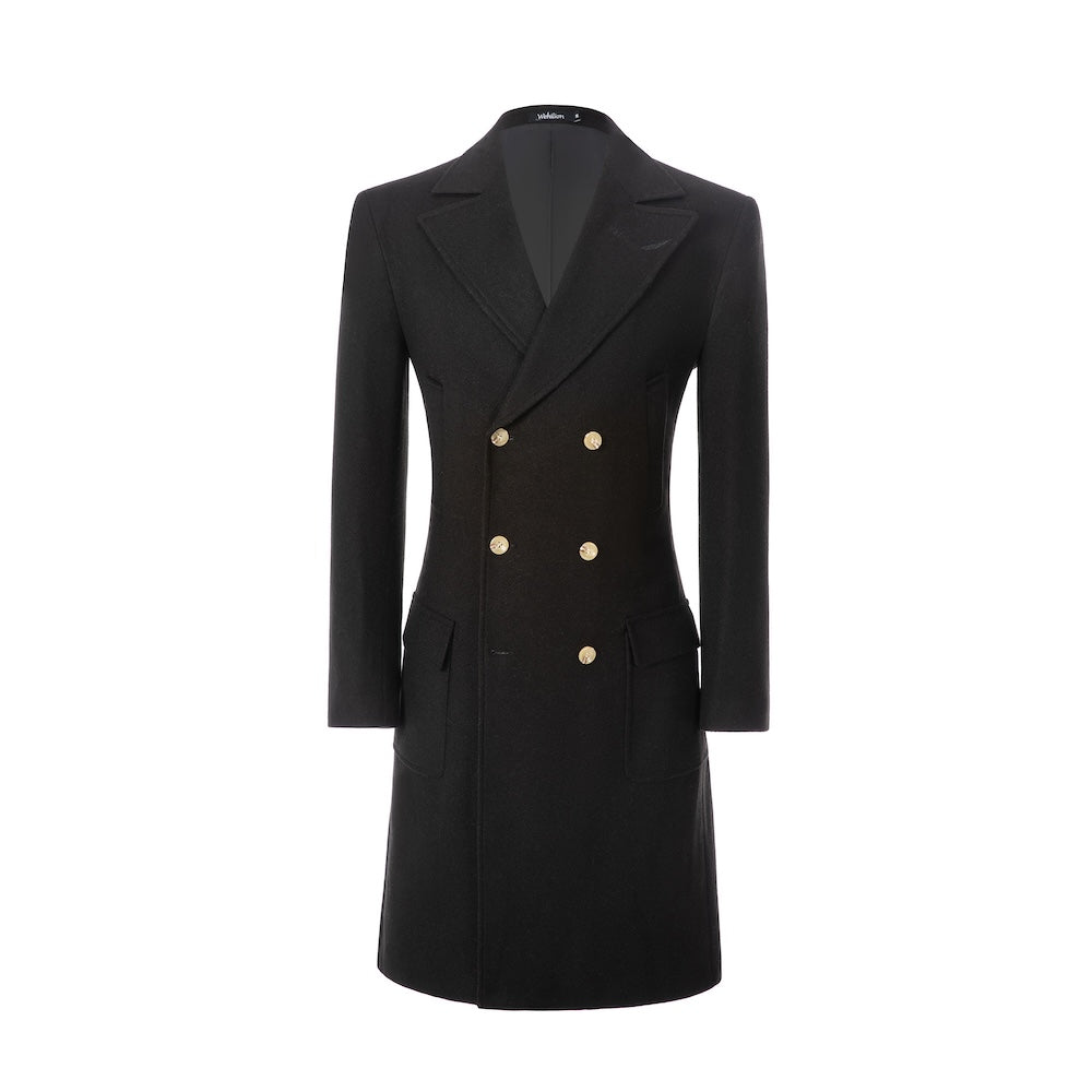 Front view of men’s black wool long coat with gold buttons – double breasted winter design