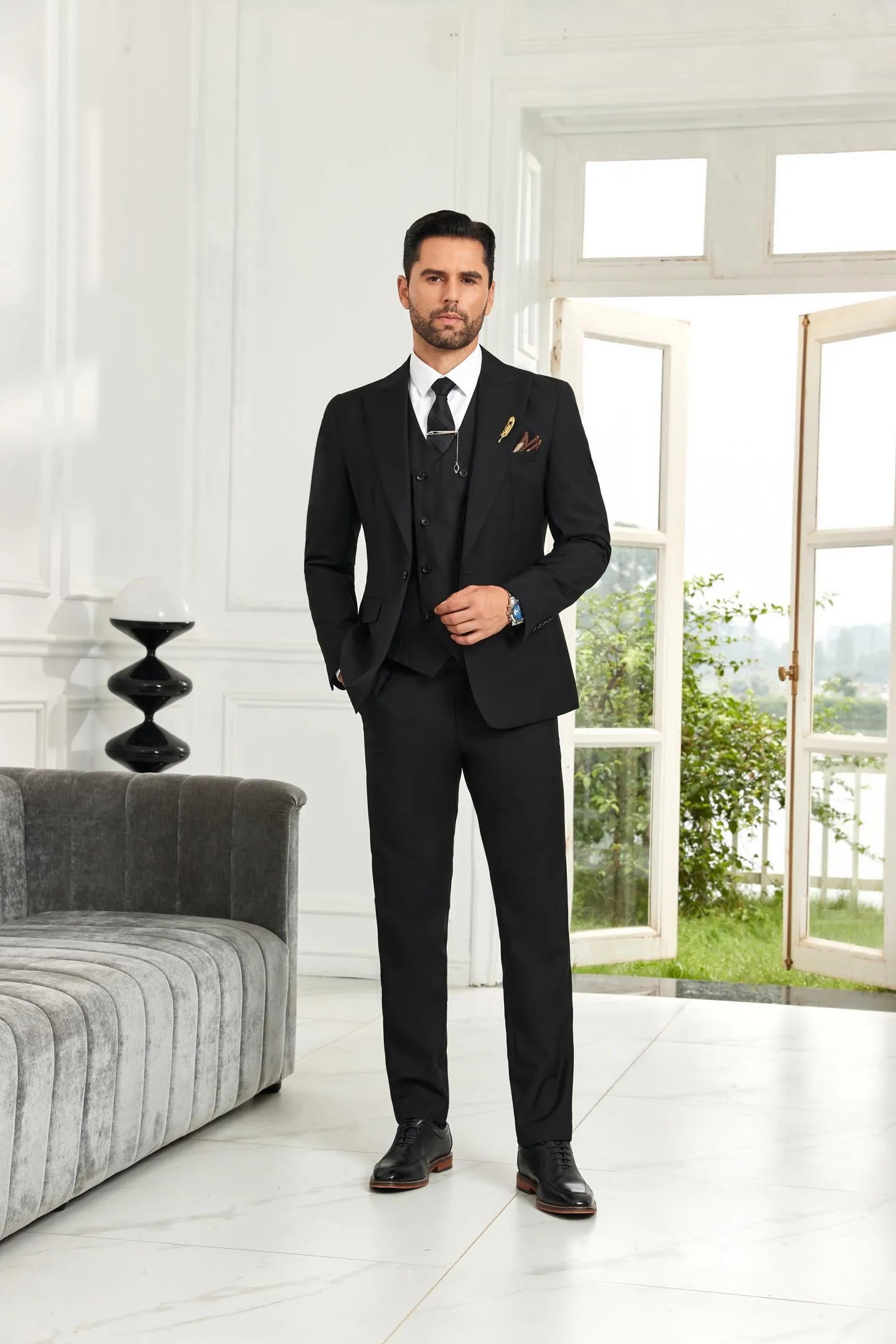 Elegant black 3 piece men's suit for weddings, featuring tailored blazer, vest, and pants, full front view.